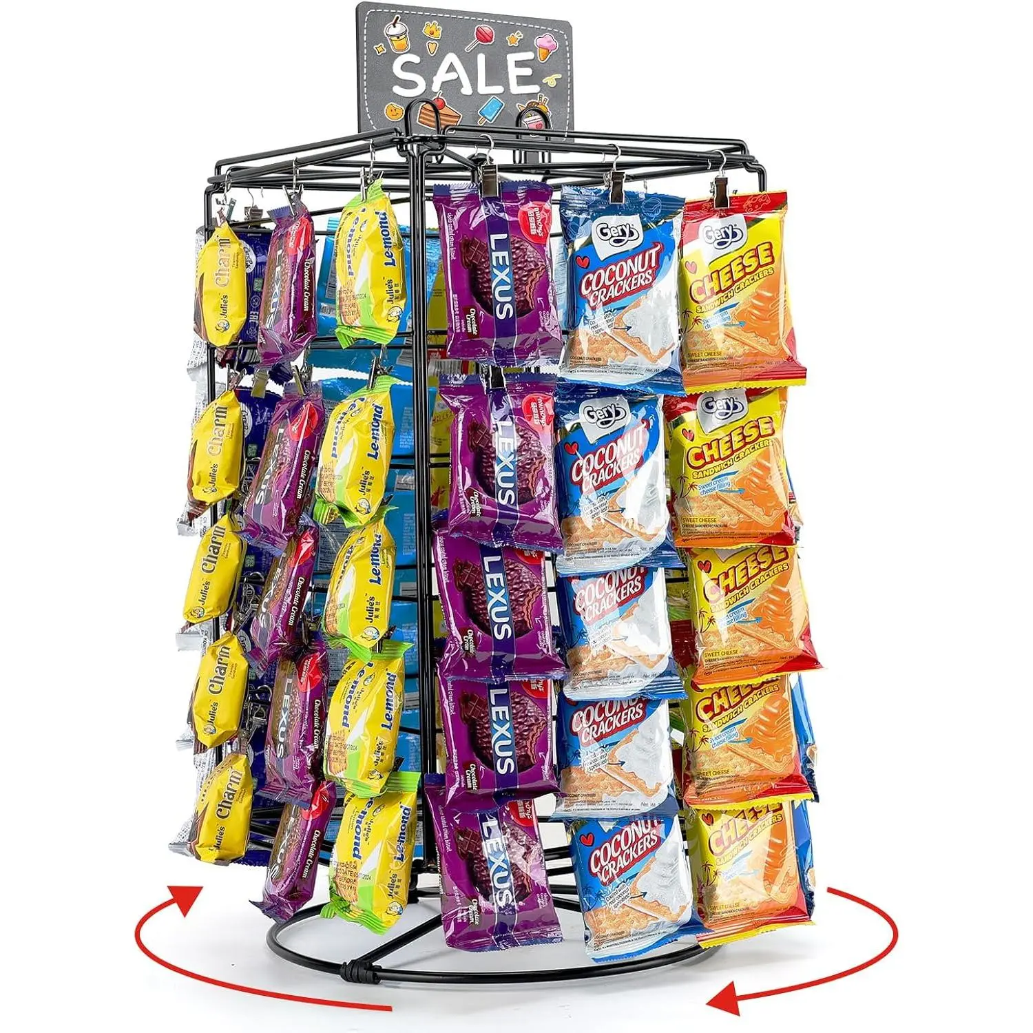 Chip Rack Display Stand, 5 Tiers 60 Clips Snack Retail Display Rack, 360° Rotation Snack Bar Station for Concession Stand, Snack Organizer, Candy Display, Chip Holder for Party, Countertop