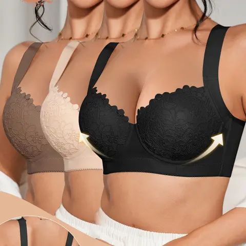 1/2/3 Pack Women's Solid Lace Push‑Up Bra, Underwire Support with Wide Side Smoother, Adjustable Comfort Straps, Soft Breathable Smooth Fabric, Multi‑Color for Everyday Wear Underwire Supportive Bra