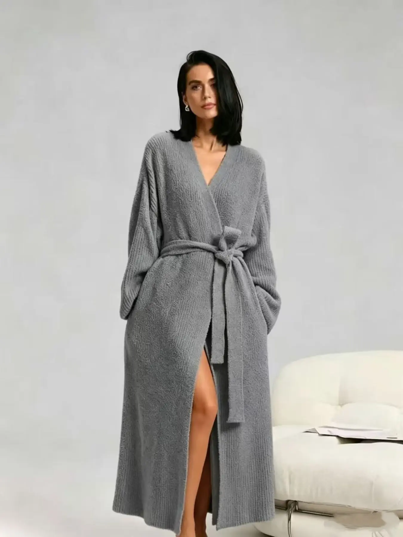 【COZY Soft Plush Feel】Women's Solid Color Thickened  Thermal Lined Long Sleeve Drop Shoulder Bathrobe, Loose Casual Soft Comfortable Thermal Warm Pocket Belted V Neck Dressing Gown for Women, Ladies Sleepwear for Winter