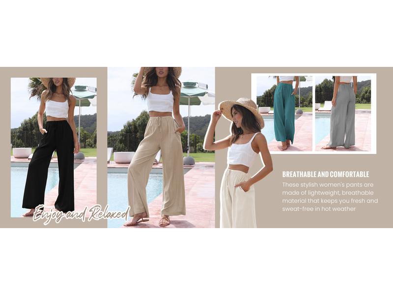 Yeokou Women's  Cotton Linen Summer Palazzo Pants Flowy Wide Leg Beach Trousers with Pockets
