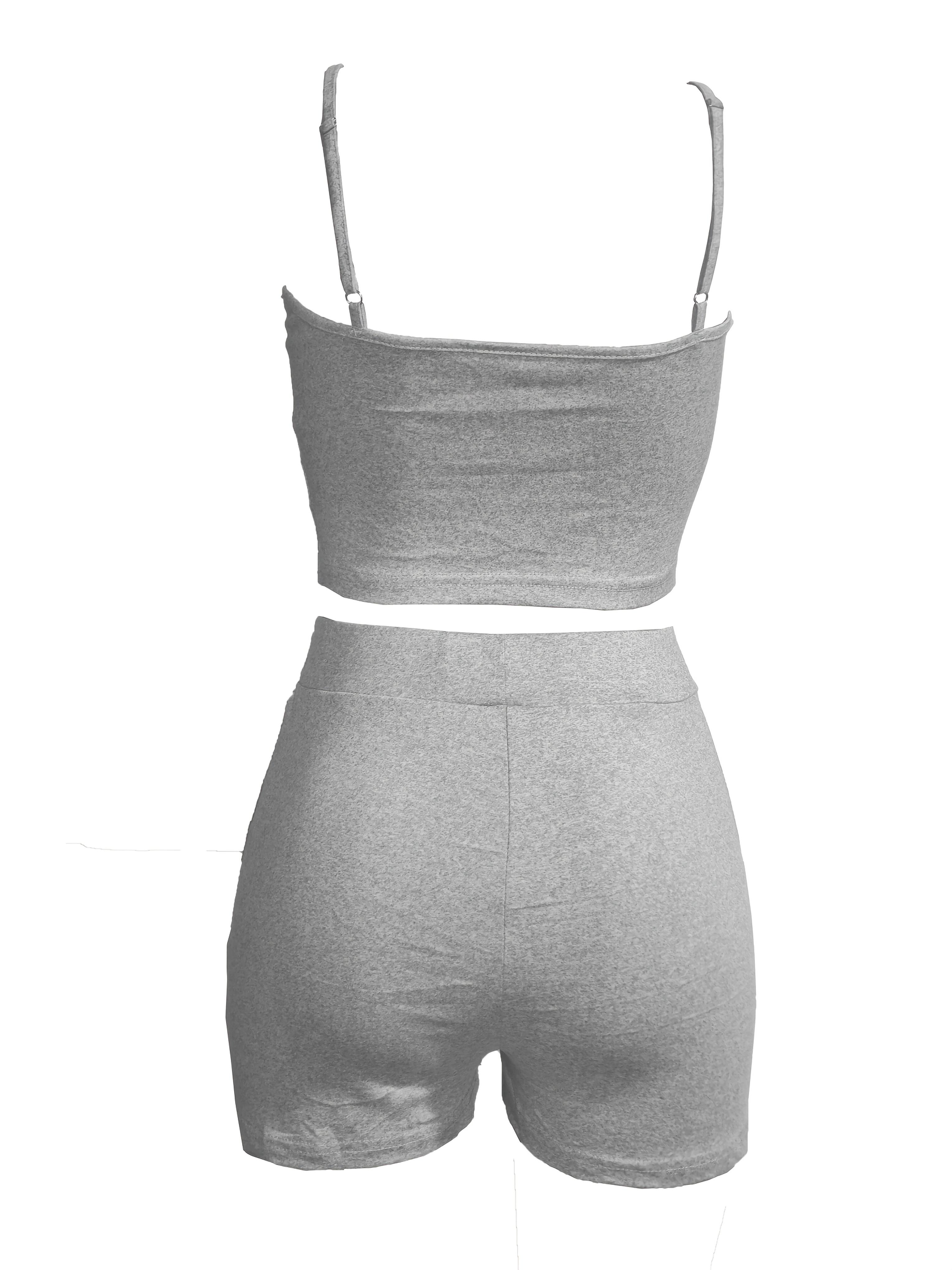 Adjustable waist cropped camisole top and elastic-waist fitted shorts, summer casual wear, women’s two-piece set