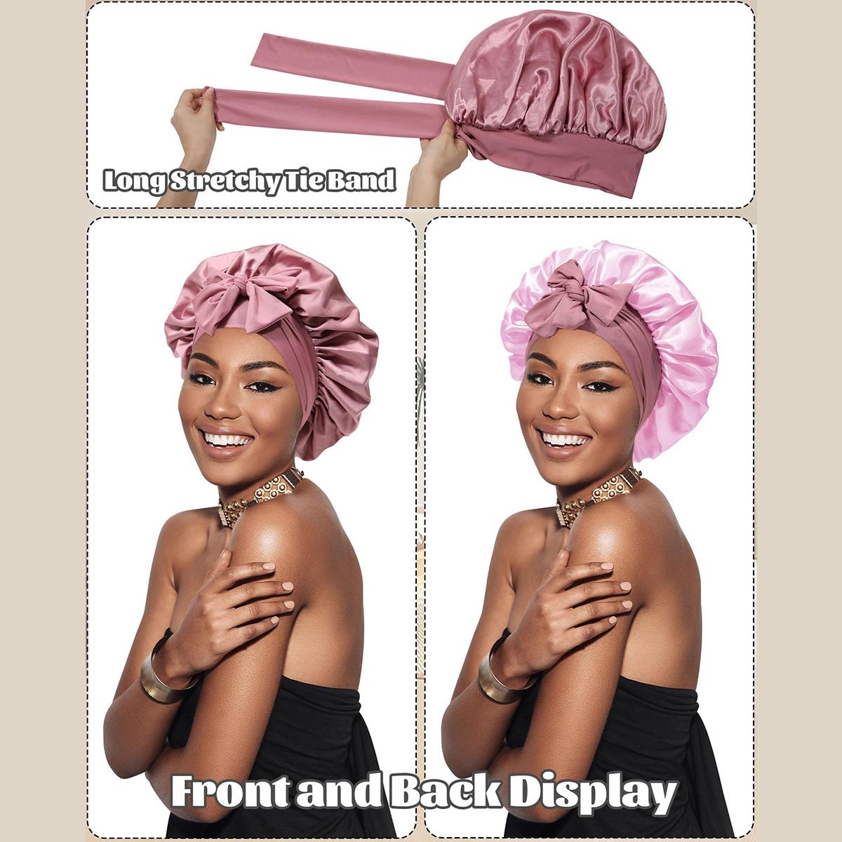 Reversible Double Layer Satin Bonnet for Women Silk-Like Bonnets for Sleeping Curly Hair Bonnet with Elastic Tie Band Sleep Cap Hair Wrap