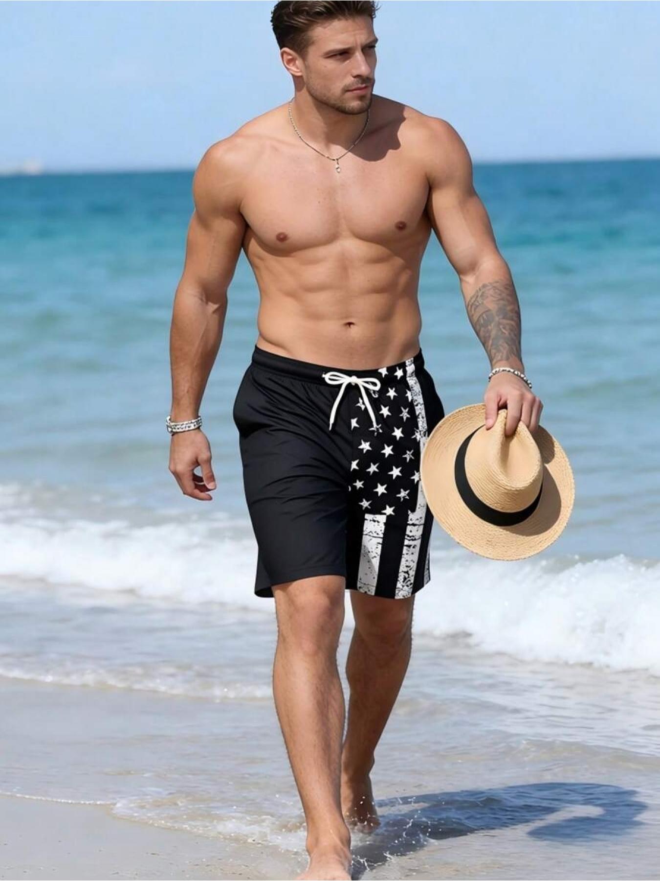 Men's Quick Dry National Flag Lining Elastic Waistband Drawstring Waist Casual Summer Fashion Sport Beach Swim Shorts Swimming Shorts, Suitable For Vacation, Beach, Pool, Outdoor Activities, Daily Wear