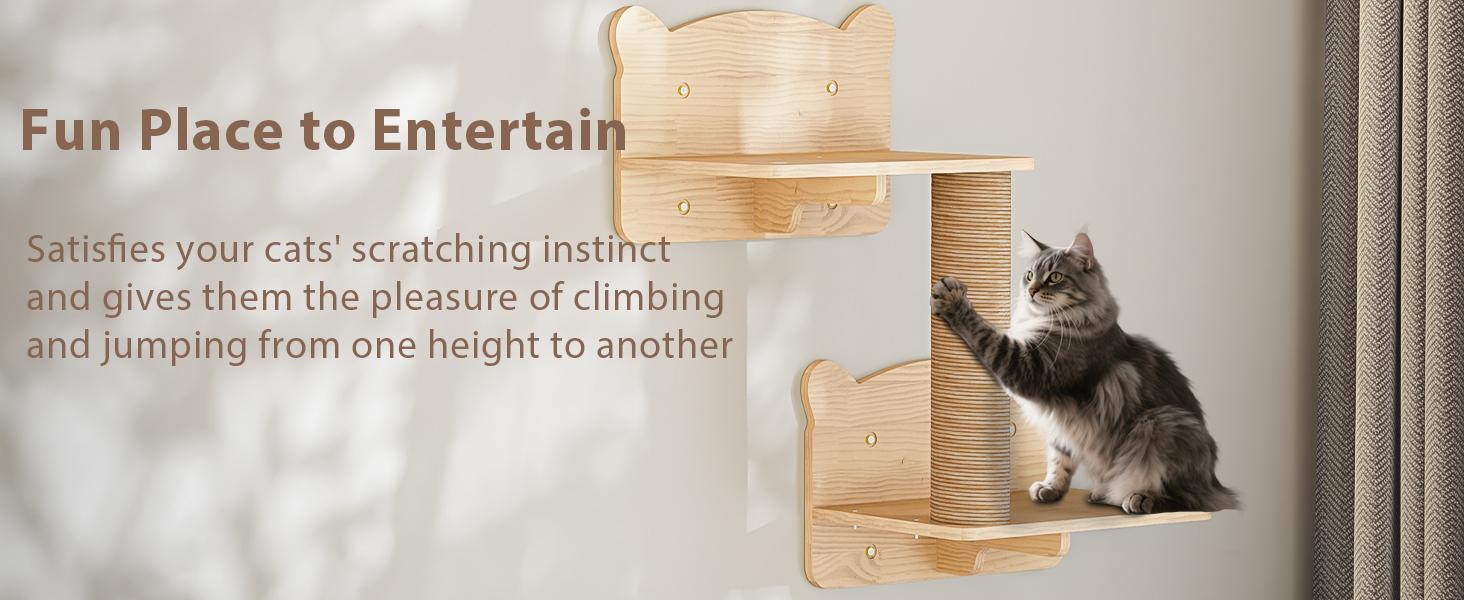 PUKAMI Cat Wall Shelves, Wooden Feline Furniture, 9 Pcs Set Wall Mounted Cat Shelves with Bed, House, Steps, Bridge Ladder and Scratching Post for Indoor Climbing, Sleeping, Playing