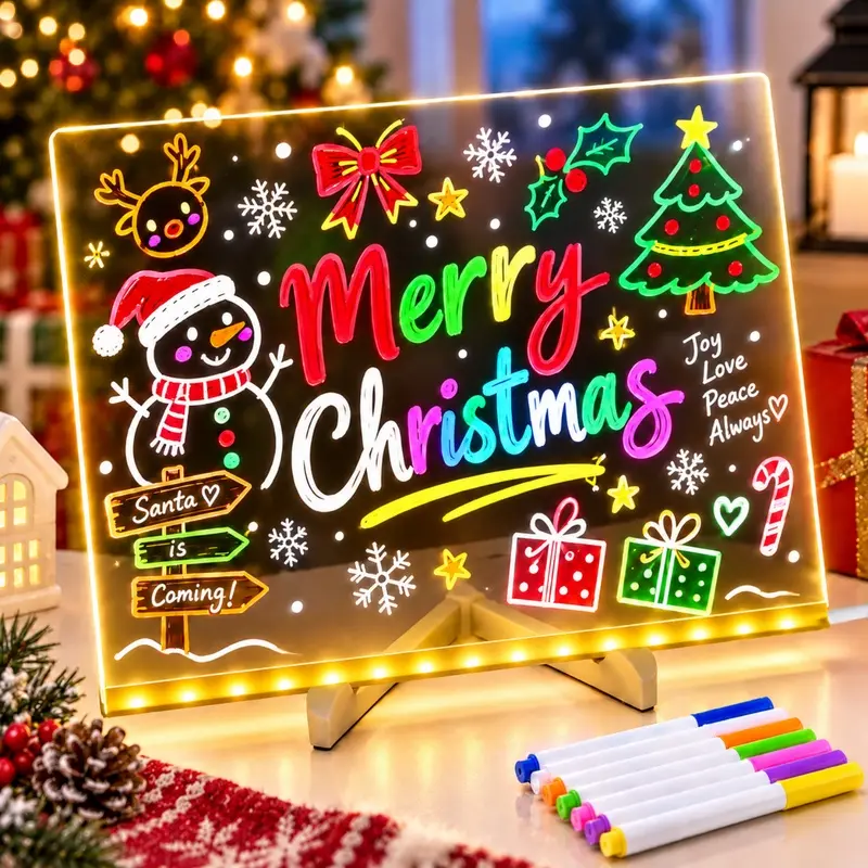 Acrylic Glow Memo Board with LED Light, 11.8 x 7.9 Inch Dry Erase Message Board with Stand, USB Powered Dimmable Desktop Whiteboard and 7 Color Pens for Office Home