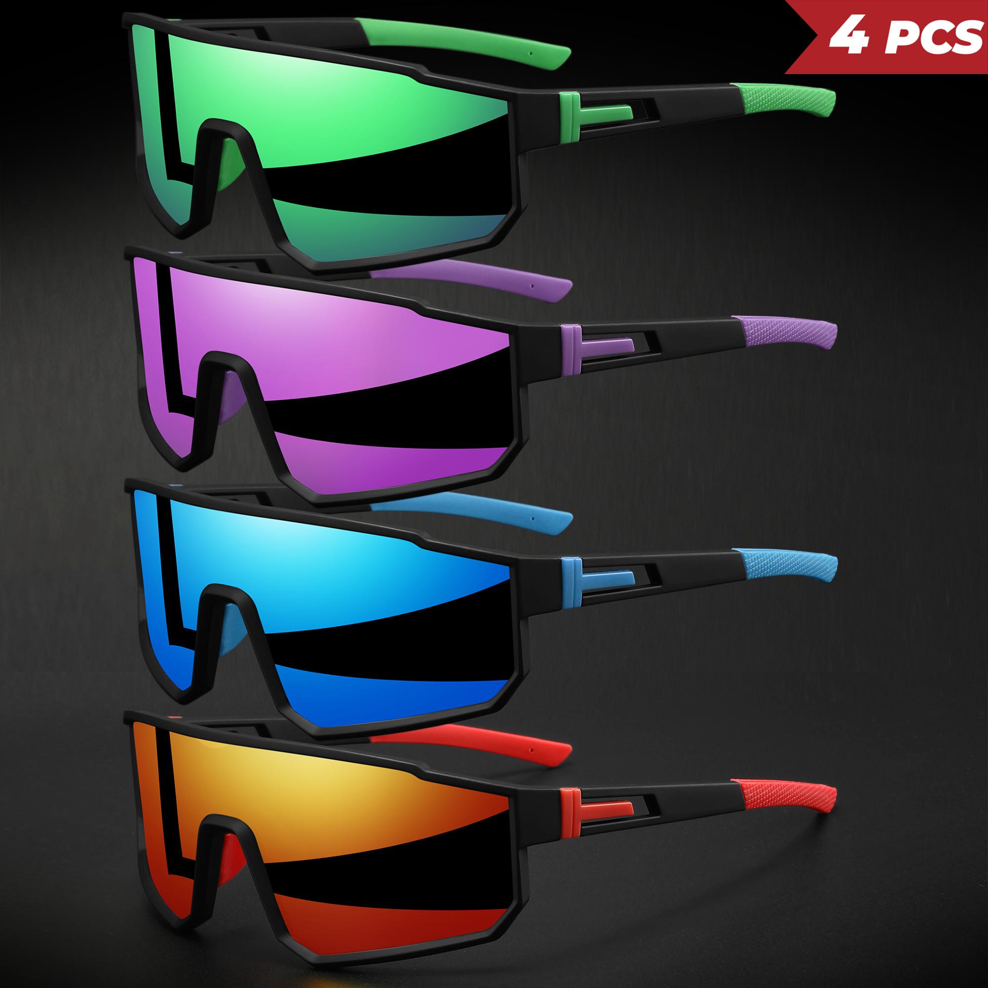 XUH 4PCS Unisex Oversized Sports Cycling Sunglasses, Colorful Wraparound UV400 Protection Windproof Glasses, Comfort Fit for Cycling Hiking Outdoor Sports,summervibes
