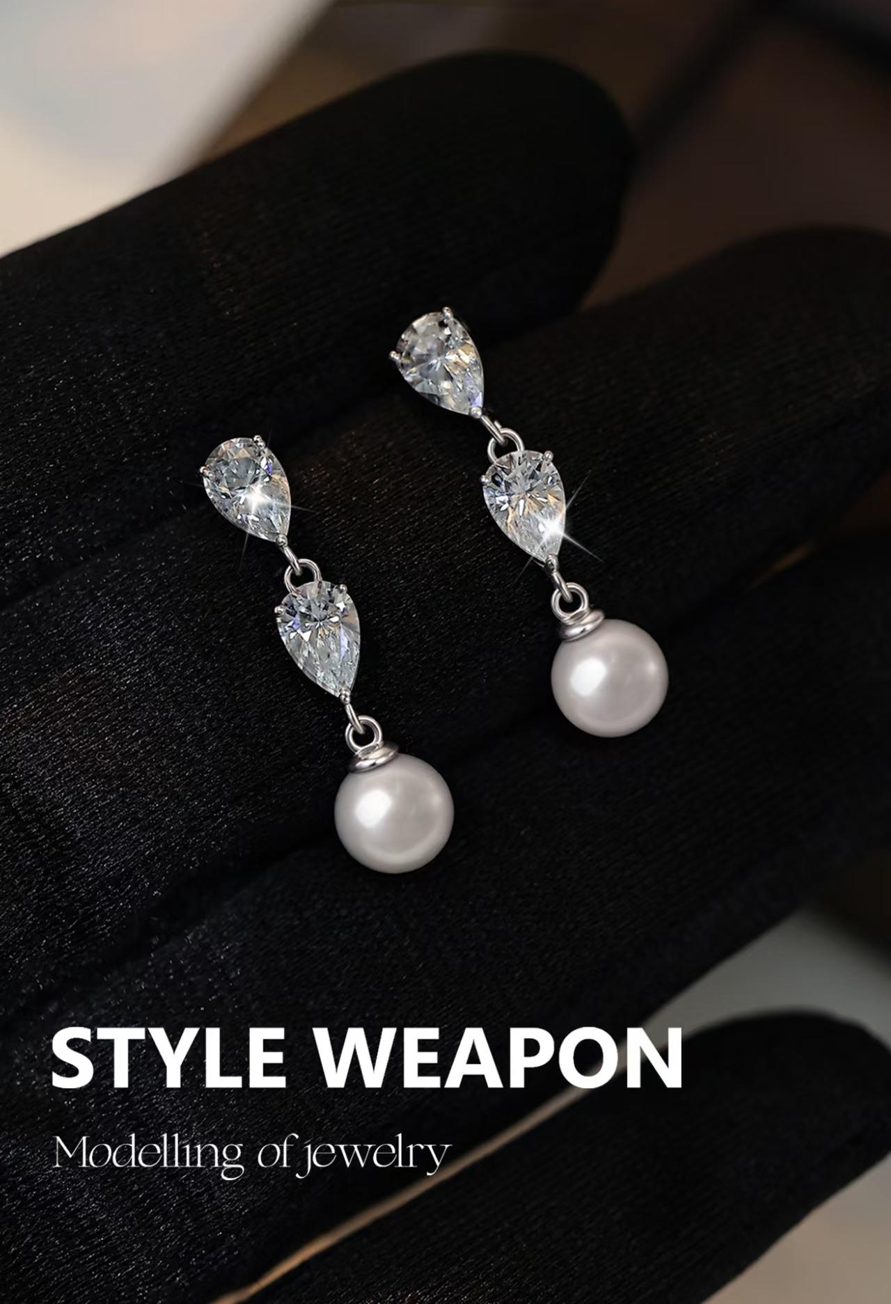 S925 sterling silver teardrop stud earrings with D color VVS moissanite and pearls; unique design, light luxury high-end feel; women’s moissanite jewelry earrings