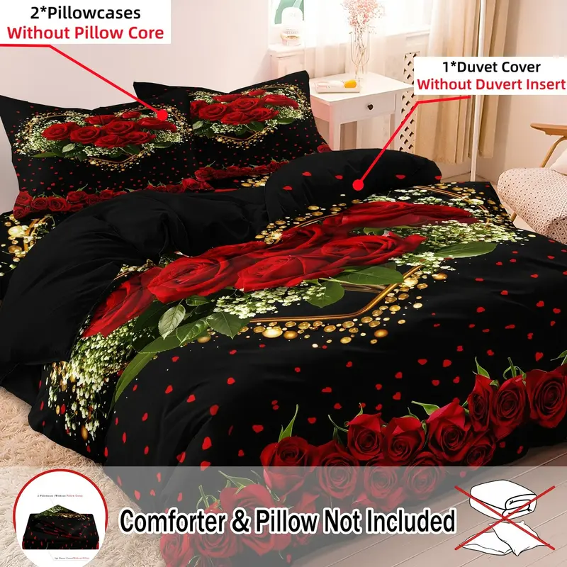 3pcs Duvet Cover Set, Valentine'S Day Imitation Rose Flowering Plant Print Bedding Set, Soft Comfortable Decorative Duvet Cover, For Bedroom, Guest Room, Bed Sets Supplies, Comfy Bed Cover (1*Duvet Cover + 2*Pillowcase, Without Core)