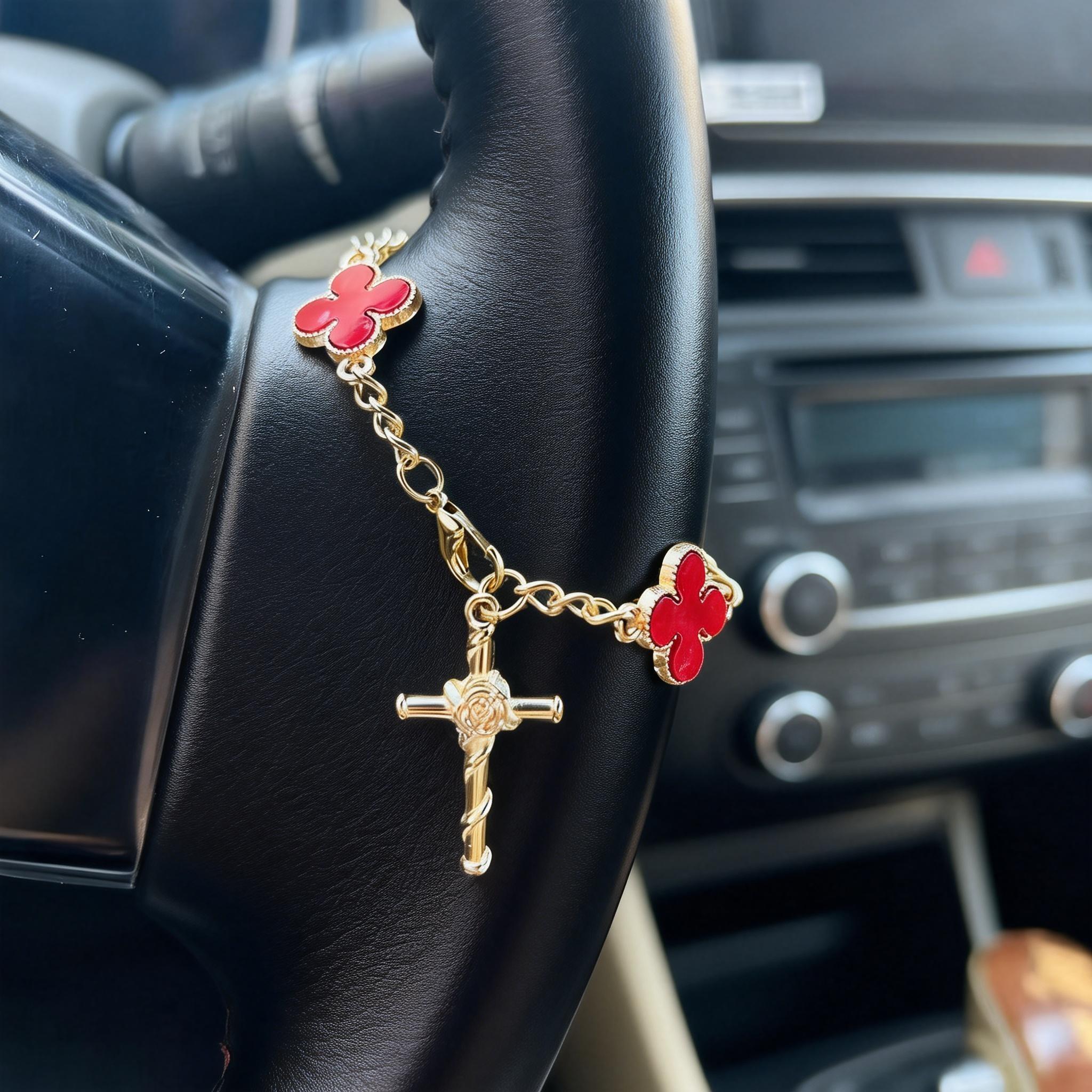 Four-Leaf Clover Steering Wheel Ornament, Rose Cross Pendant, Elegant Car Steering Wheel Decoration, Car Accessories, Car Hanging Decorations, Car Interior Decoration, Car Interior Accessory