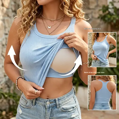 EssElegance Built in Bra Tank Top for Women | Ribbed Racerback Cropped Camisole with Removable Pads | Wireless Supportive Workout Yoga Top | Stretchy Athletic Basics Sleeveless Tee | Going Out Everyday Summer Essential Bra Cami Multi Color high elasticity