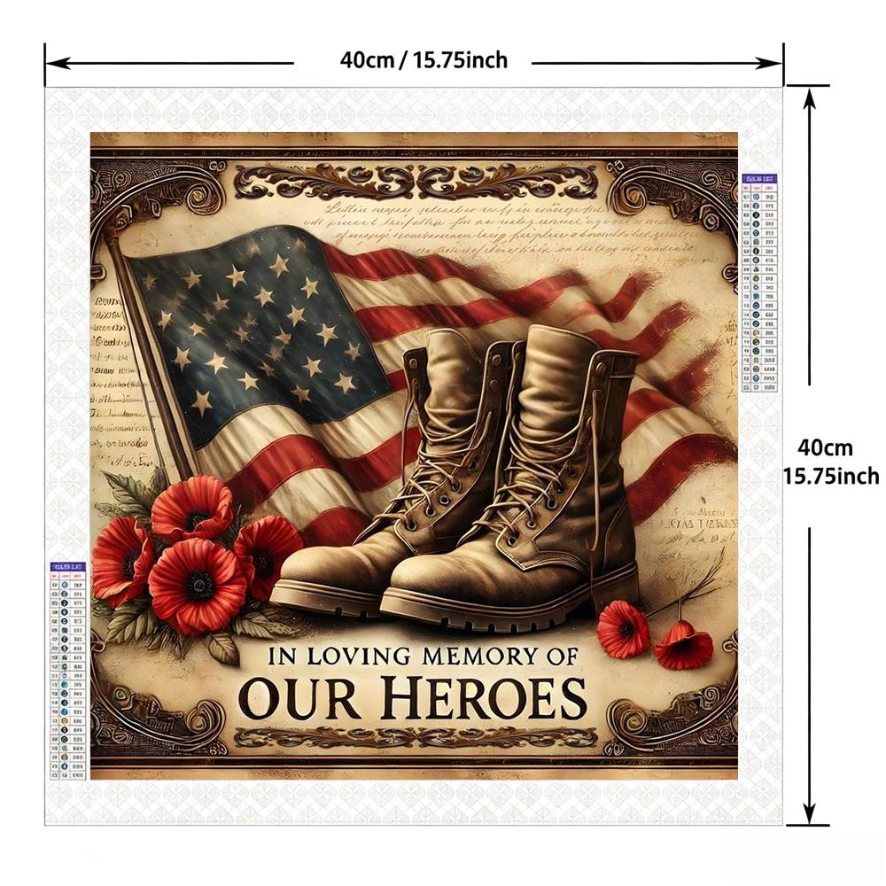 A set of 2D flat frameless handmade DIY diamond painting kit, vintage patriotic memorial style, featuring American flag, military boots and red poppy flowers pattern, suitable for home decoration or gifting to honor heroes.