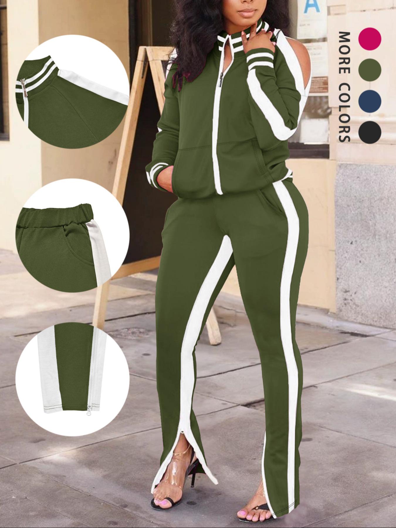 Women's Autumn Winter 2-Piece Set, Striped Bright Color, Casual Entertainment Party Wear, Stylish Ladies Clothing Collection, Clothing Sets