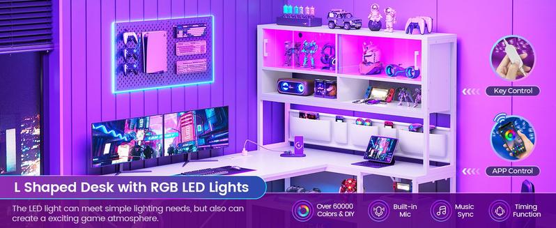 SEDETA LED L-Shaped Gaming Desk with Storage for Home Office Game Table with LED Lights, Glass Cabinet Furniture Shelves Modern Organizer，Large Computer Gaming PC Desk, Writing Table Study Desk for Bedroom, Study, Office