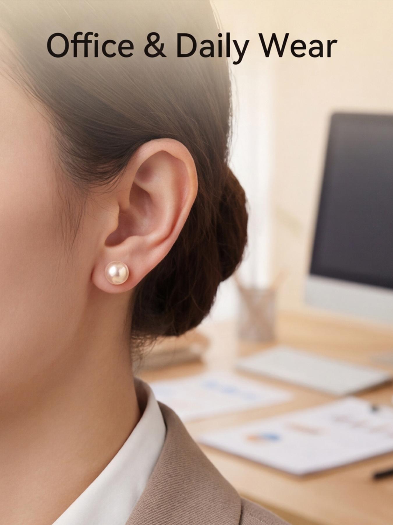 Women's Hypoallergenic Classic Champagne Pearl Stud Earrings, Gold Plated Minimalist Timeless Round Pearl Earrings, Fashion Jewelry for Everyday Wear Office & Gift