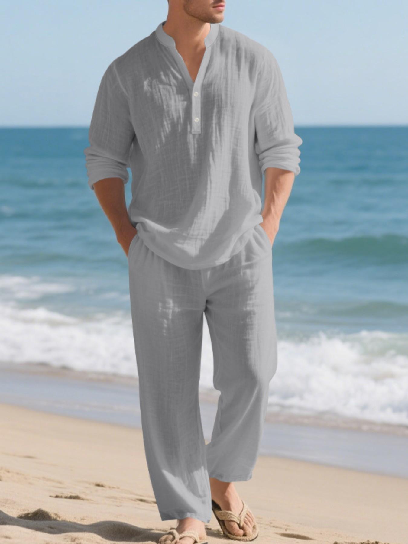 Men's Casual Linen Outfit, Loose-fit Henley Neck Long Sleeve Shirt and Pants, Comfortable and Fashionable Co-ord Set for Tropical Summer, Suitable for Beach, Vacations and Daily Wear Top