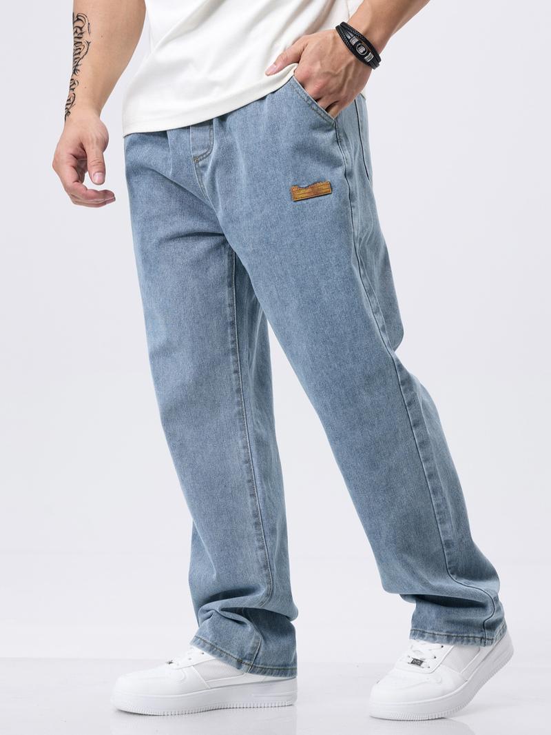Men's drawstring elastic waist washed and distressed loose straight-leg jeans, non-stretchy denim pants, comfortable and loose fit, suitable for daily casual wear, urban gatherings, and weekend fashion looks. A must-have trendy men's pants 🔥