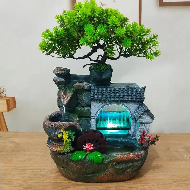 Cncest Desktop Mini Waterfall Fountain Meditation Decor, Stress Relief LED Light Landscape Relaxation Indoor Waterfall for Home