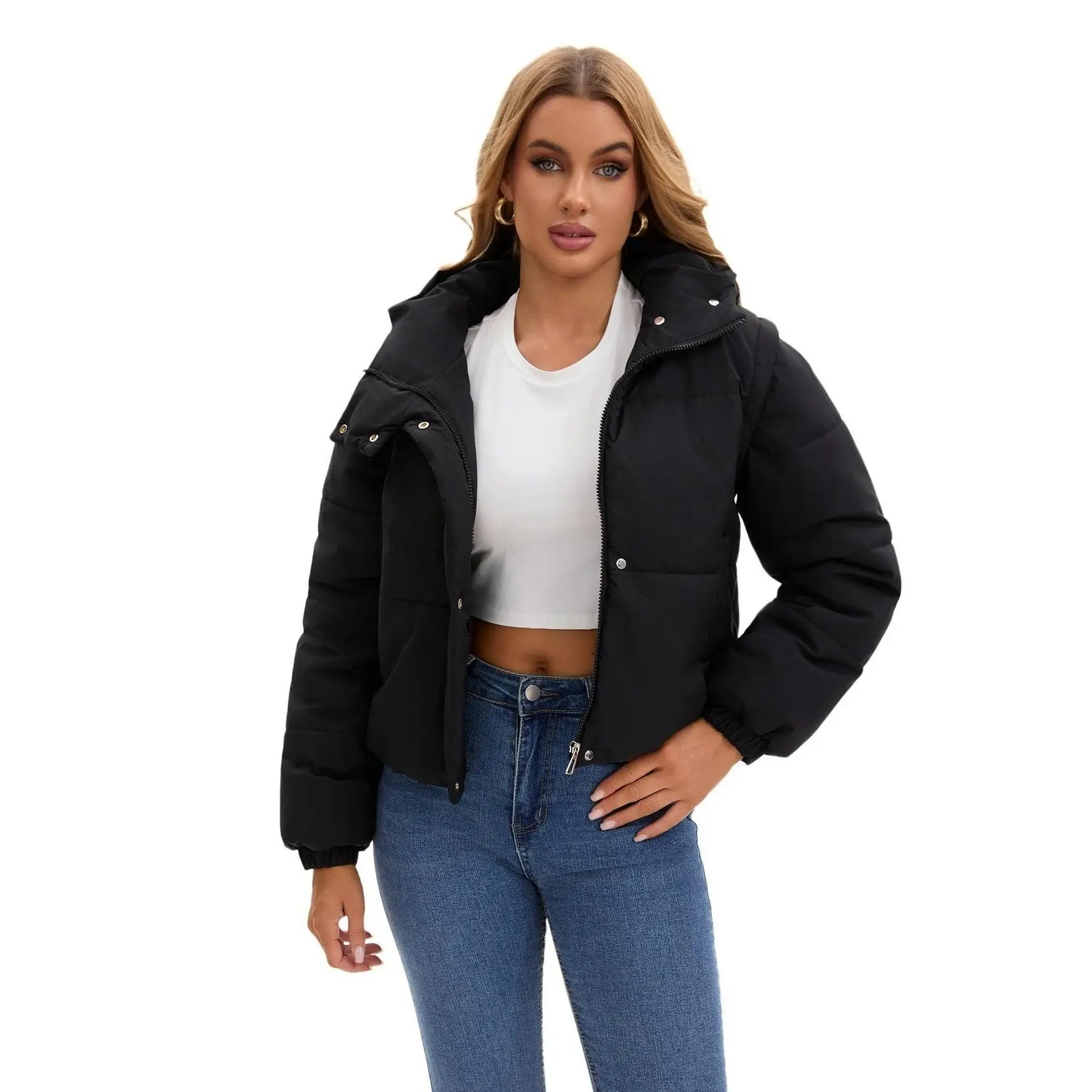Women's Polyester 2-in-1 Lightweight Puffer Jacket - Crop Fit, Hooded Quilted, Detachable Sleeves, Convertible to Vest for Autumn-Winter Sports Outerwear