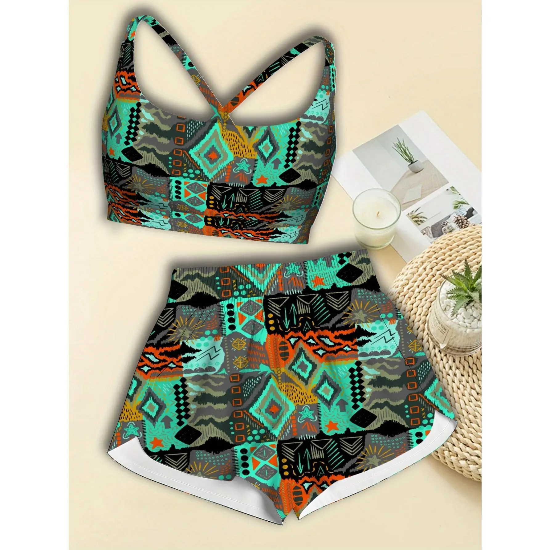 Women 2-Piece Activewear Set, Fabric Splicing Printed Sports Vest and Skort, Lightweight Spring Summer Gym Outfit, Trendy Durable Workout Sportswear