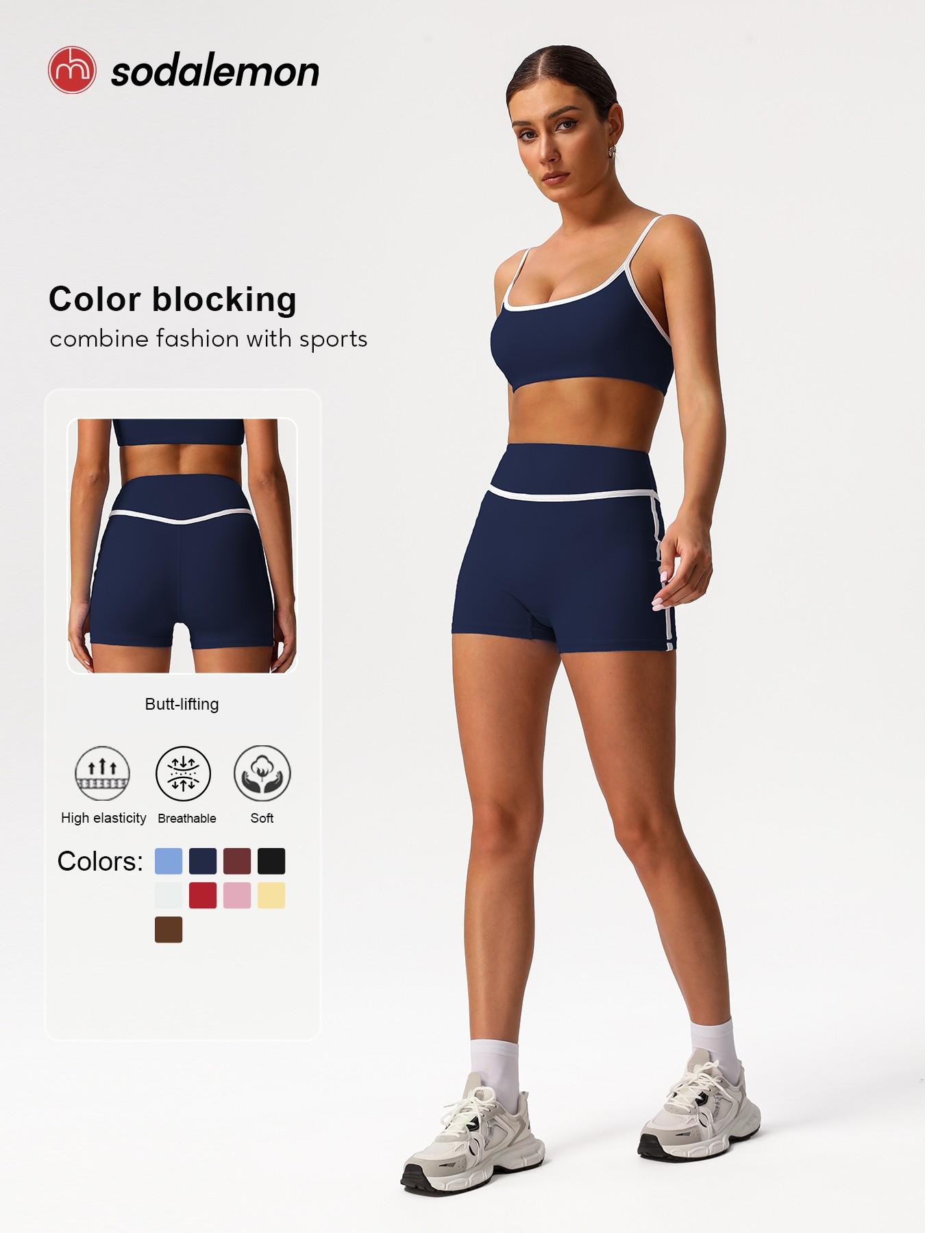 Sodalemon Women's Contrast Binding Crop Sports Bra & High Waist Shorts Sportswear Set, Breathable Comfortable Outfits Gym Sets for Yoga Gym Workout Running, Ladies Sportswear for All Seasons, Yoga Clothes Set