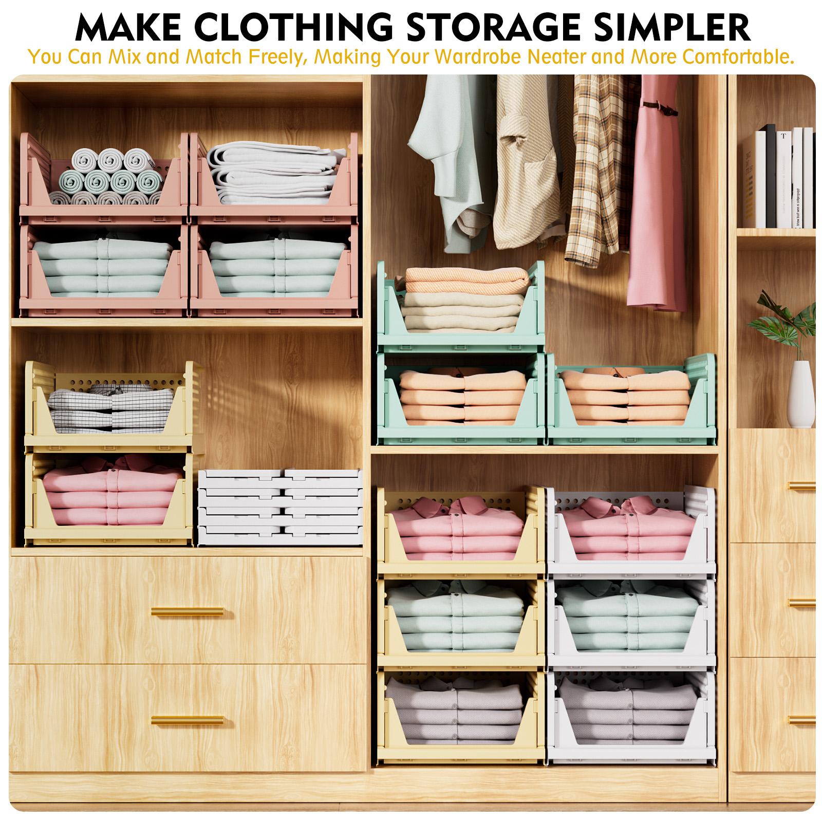10 Packs Stackable Closet Storage Basket, Multifunctional & Foldable Closet Organizer for Bathroom Kitchen Laundry Room Wardrobe Storage, Space-Saving Clothes Storage Drawer Organizer, White