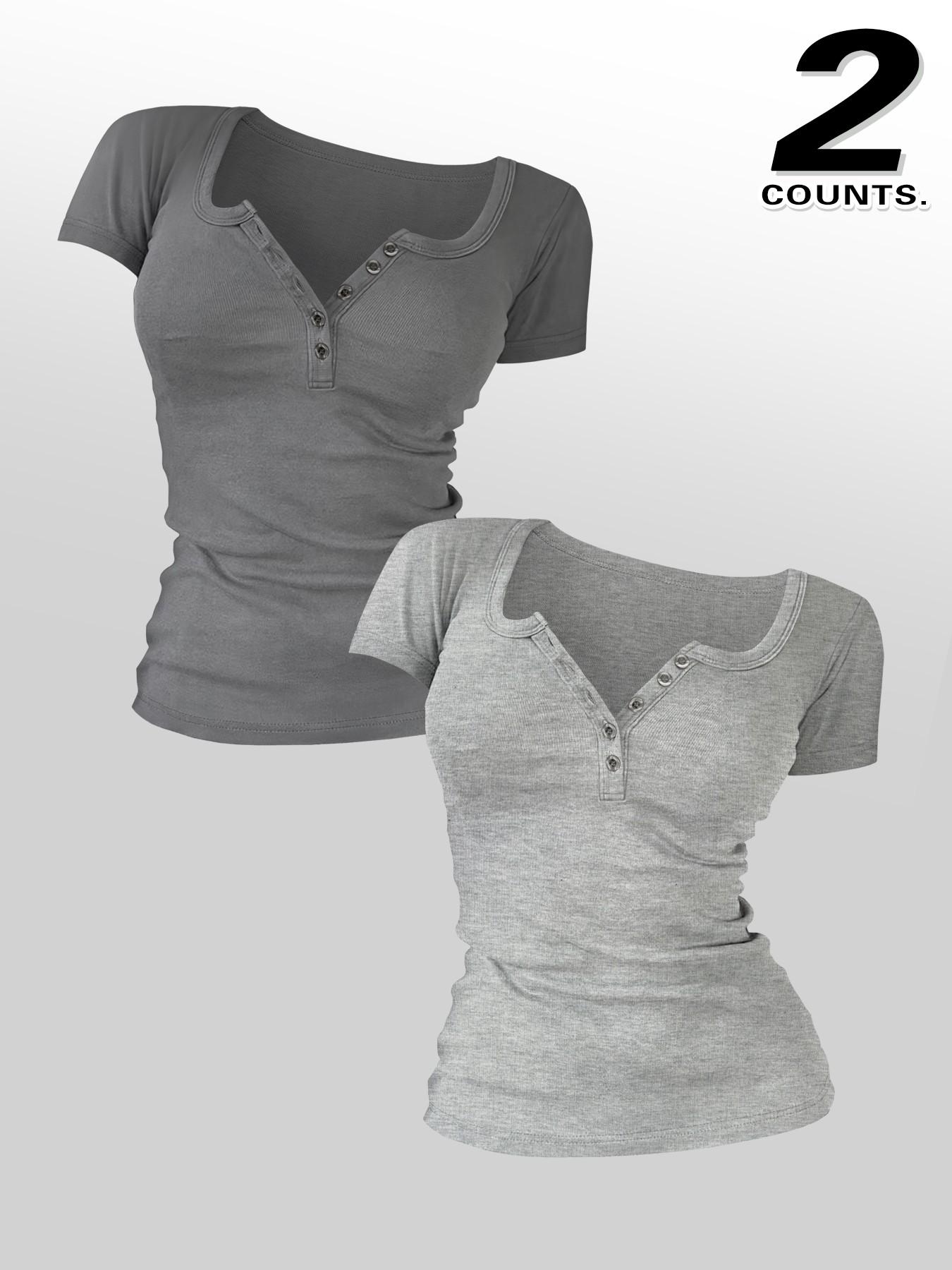 Women's Solid Color Button V-Neck Tee, Casual Short-Sleeve T-Shirt Top for Summer Daily Wear, Ladies Clothes