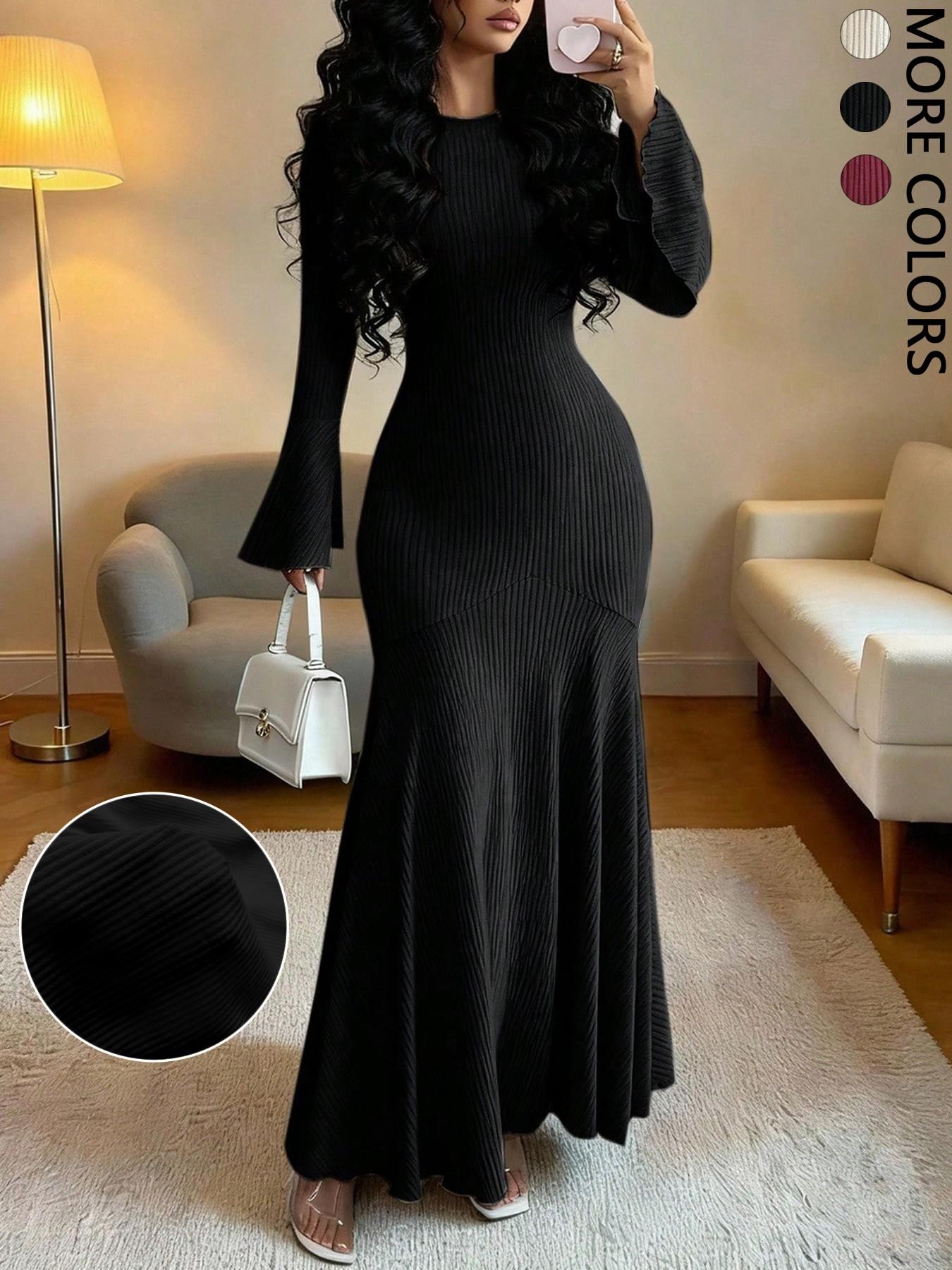 Women's Casual Solid Color Fitted Long Sleeve Dress, Comfortable Everyday Wear, Perfect for Shopping & Daily, Stylish Ladies' Clothing