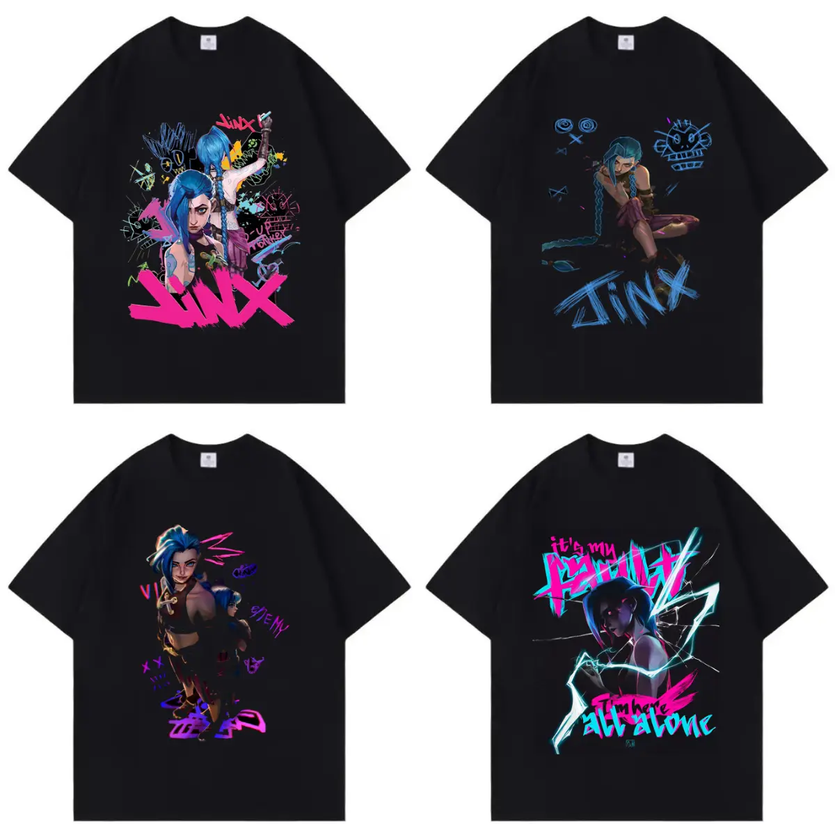 Anime Arcane Casual Blue Y2K Jinx Pure Cotton Tshirt,Unisex Tops,Oversized Streetwear Fashion Tshirt,Vacation Outfit,Best Holiday Gift for Fans Halloween
