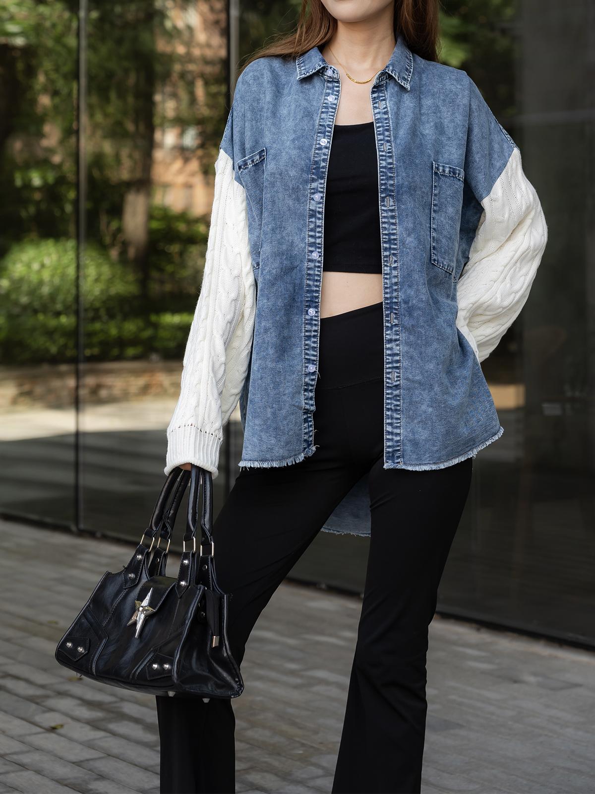 MIDIR0SS Denim Shacket with Knit Sweater Sleeves – Casual Oversized Button-Up