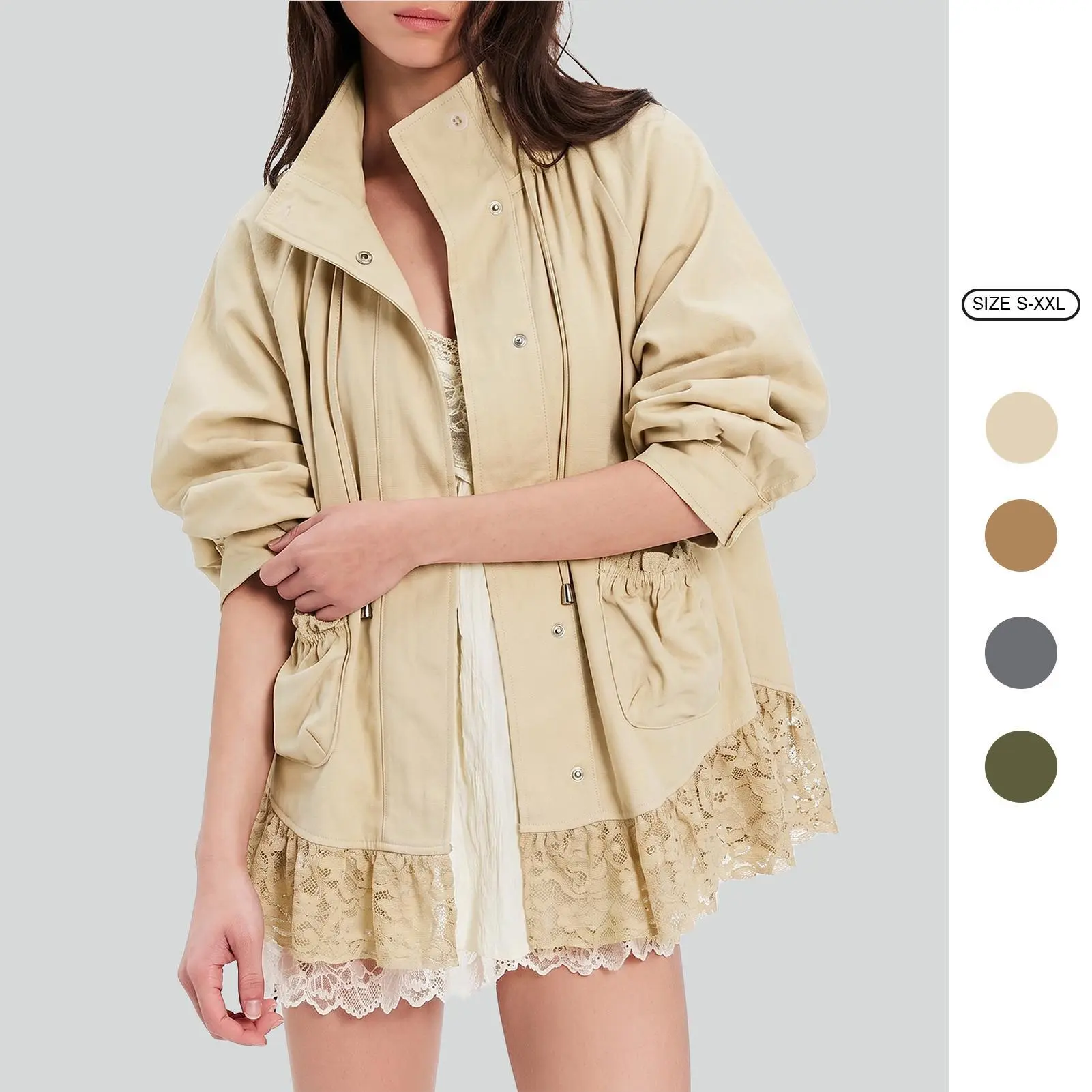 Imily Bela Women's Casual Lace Hem Jacket Stand Collar Drawstring Loose Fit Coat Cozy Autumn Outwear