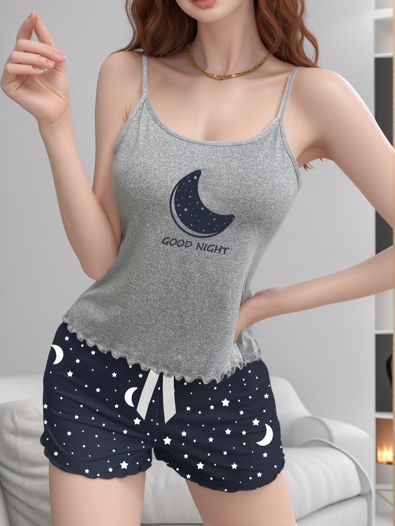 Women's Sexy Sleepwear Set, Moon Star Cami Top & Leopard Print Shorts, Soft Comfortable Lounge Wear, 2-Piece Nightdress