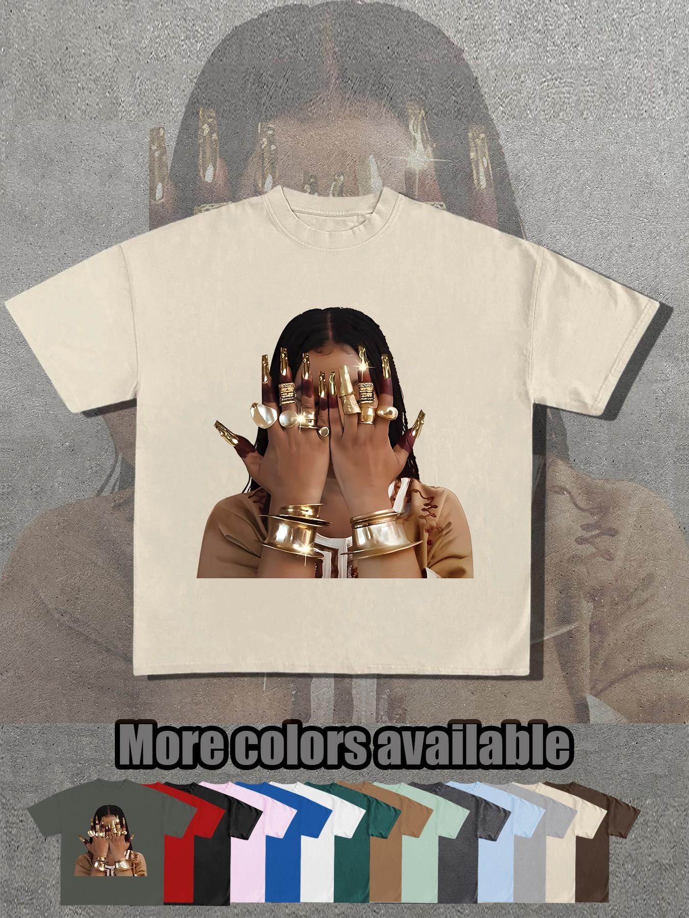 14 Color Options, Retro Egyptian Queen Gold Nail Print T-Shirt, Unisex Short Sleeve, Loose Fit, Street Style, Summer Fashion Essential