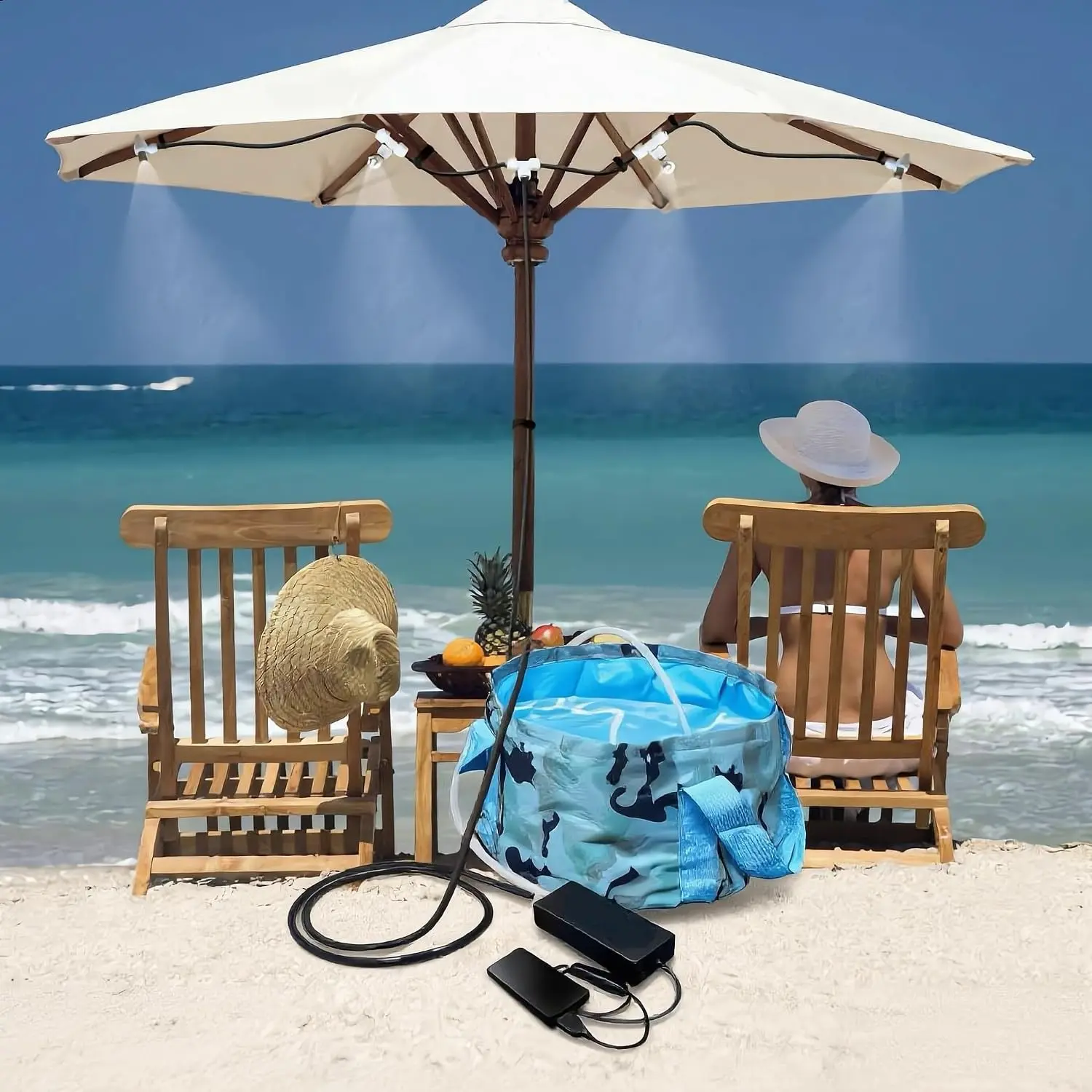 Portable Misting System with Rechargeable Water Pump, Foldable Bucket & Triangle Bag, DIY Mobile Misters for Outside Patio, Tent, Canopy, Golf Cart, Boat, Bike, Motorcycle, Camping, Hiking
