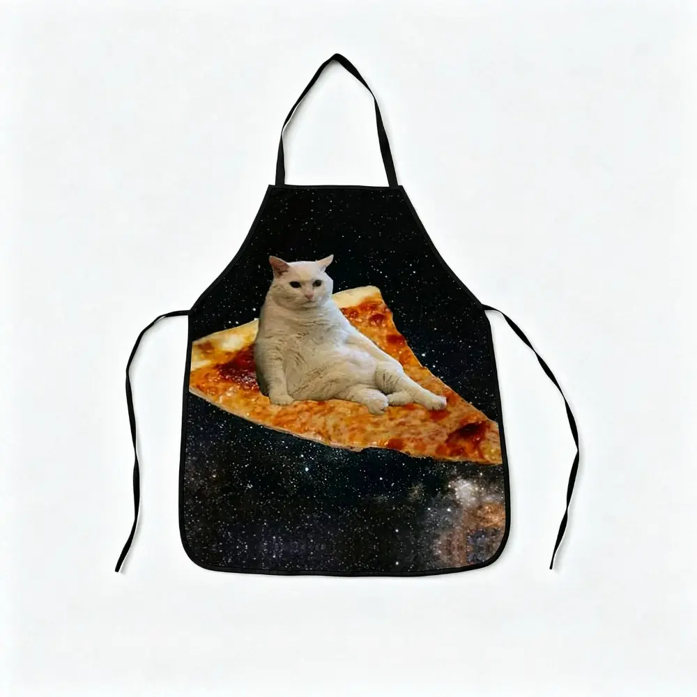 Galaxy Chubby White Cat Lying on Pizza Cooking Apron, Waterproof Oilproof Funny Space Kitchen Apron, Meme Starry Sky BBQ Grilling Apron for Cat Lovers Gift