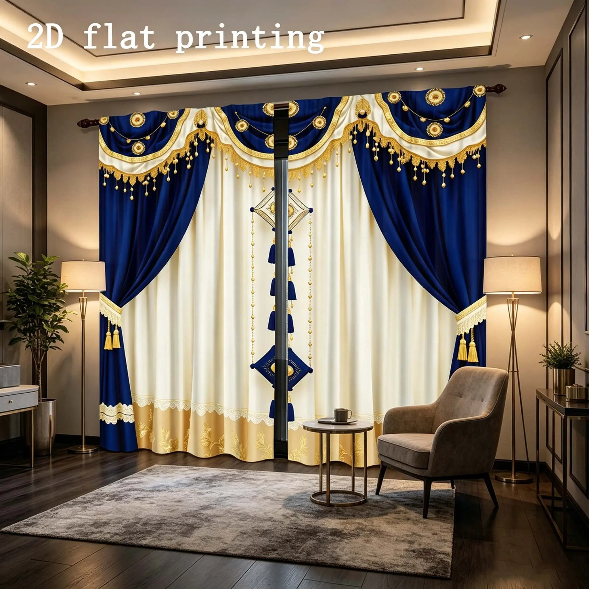 2 pieces of blue gold curtains, Home Decoration Curtain, Window Curtain, Home Decorative Curtain, made of 100% semi transparent polyester fabric with pole bag design, excluding curtain poles, not multi-layer curtains