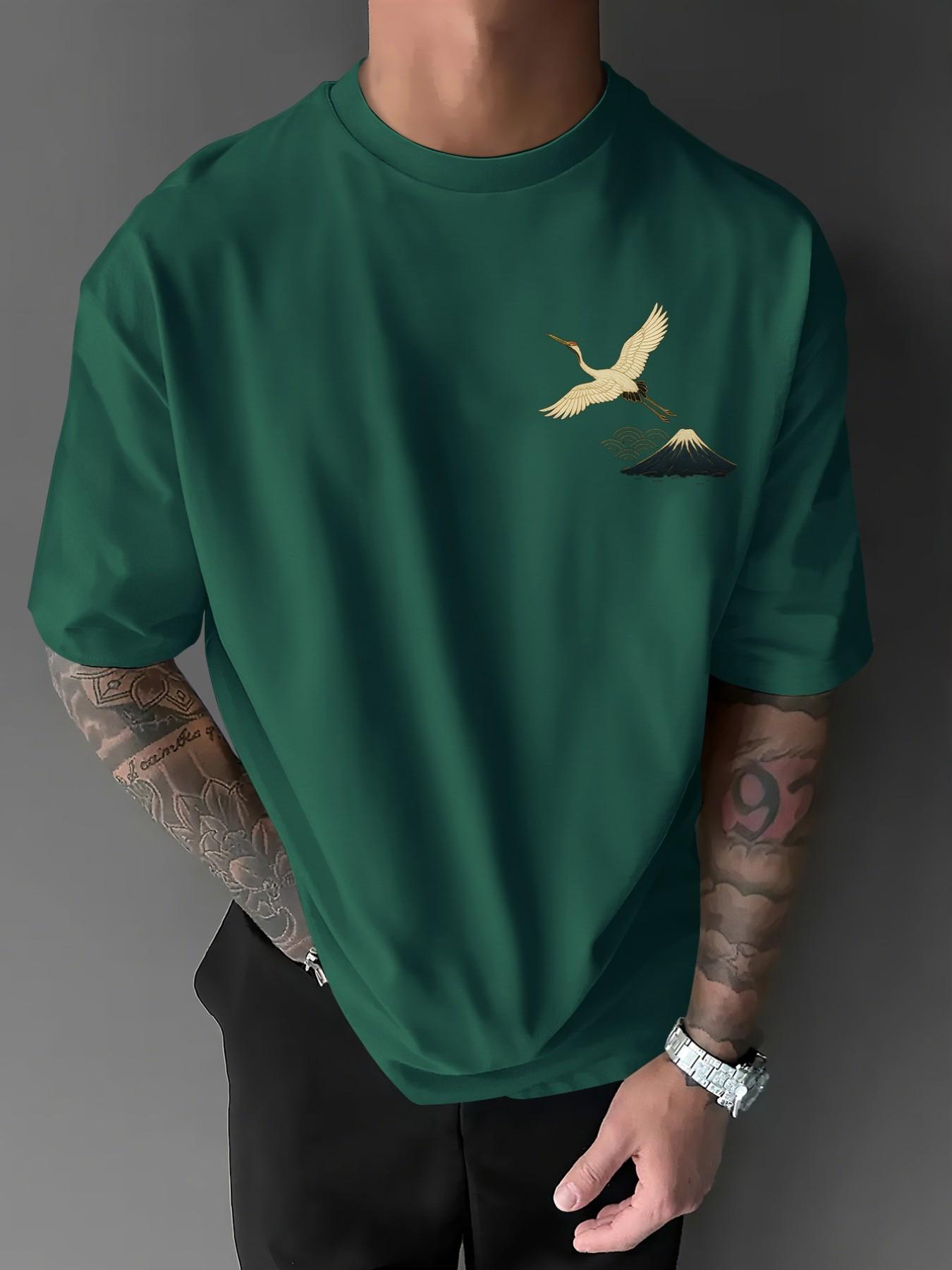 Men's Plus Size Loose Fit Round Neck Short Sleeve T-Shirt, Wave and Crane Print, Asymmetric Japanese Art Design, Beach Music Festival Daily Wear