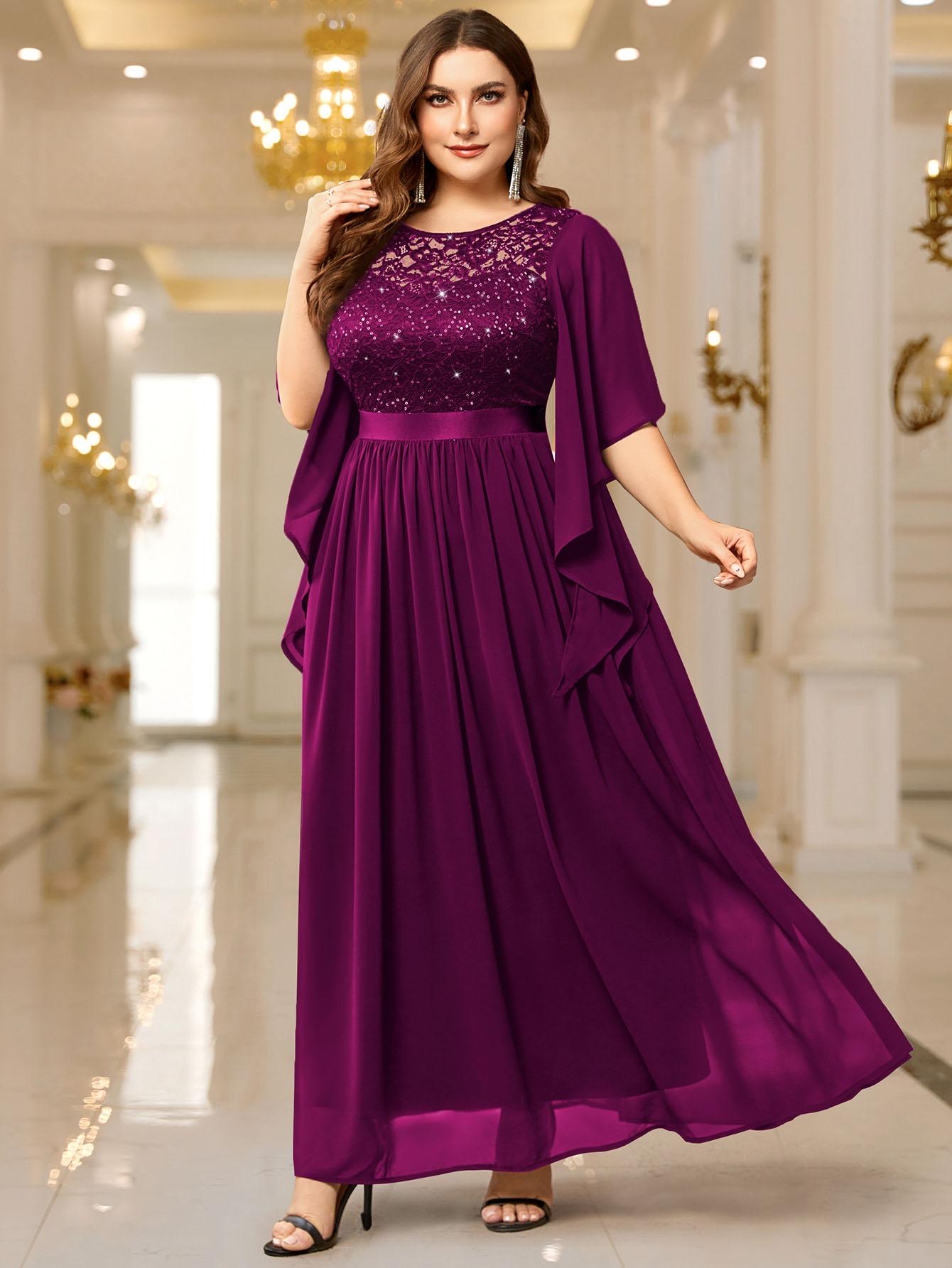 Miusol P83099 Plus Size Women's Sequin Floral Lace Chiffon Flare Sleeve Formal Dress Elegant Evening Gown All Seasons Party dress,Evening dress Normal Type  Womenswear Maxi Dress SpringStatements