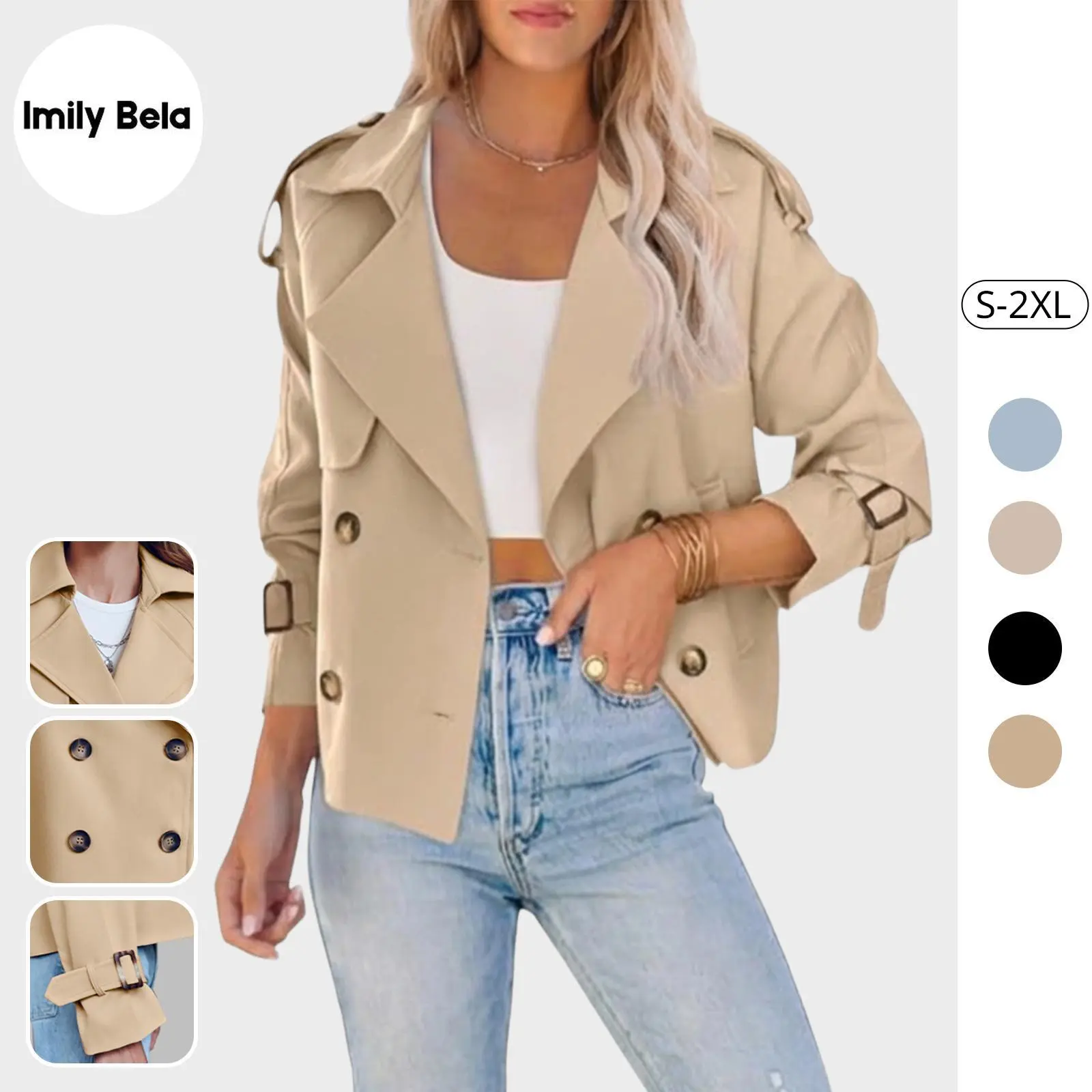 Imily Bela Women Crop Double Breasted Trench Coat Raglan Sleeve Work Office Cropped Jacket With Pockets