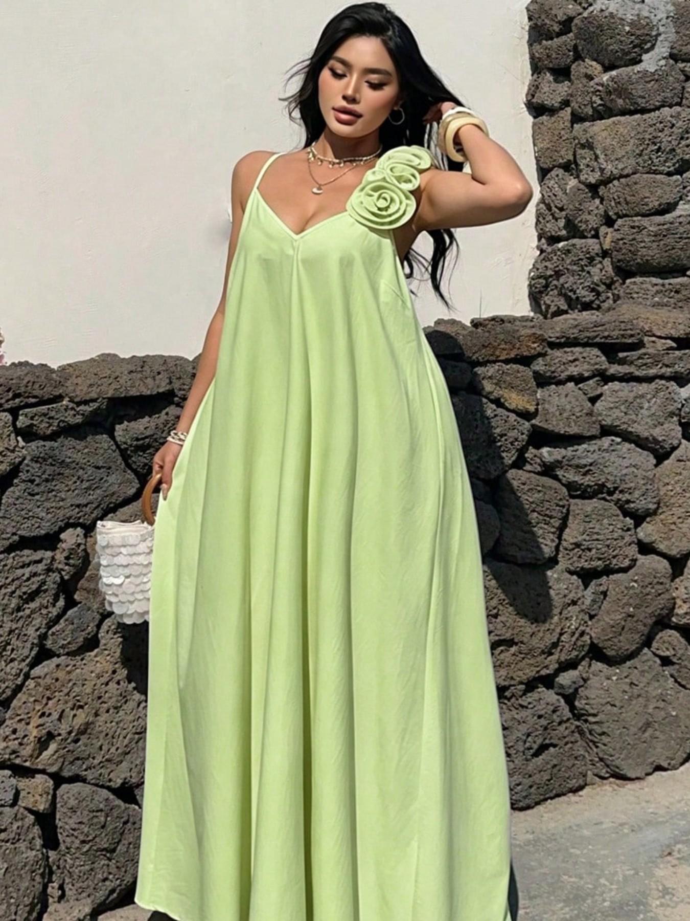 Pastel Light Green Floral 3D Rose Slip Maxi Dress, Flowy Lightweight Sleeveless Long Gown, Summer Boho Bohemian Vacation Outfit, Elegant Beach Garden Wedding Guest Dress
