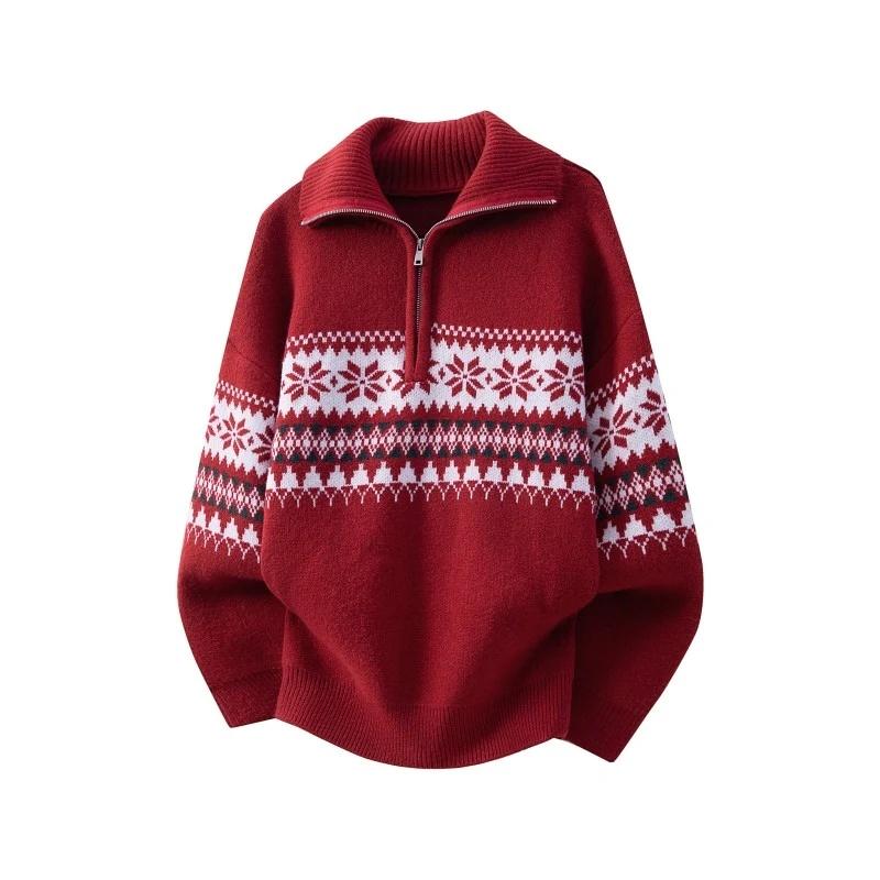Men Fall Winter Nordic Fair Isle Jacquard Half Zip Knit Sweater, Vintage Geometric Floral Pattern, Turn‑Down Collar Long Sleeve Casual Knit Pullover For Daily Holiday Outfits # sohochic
