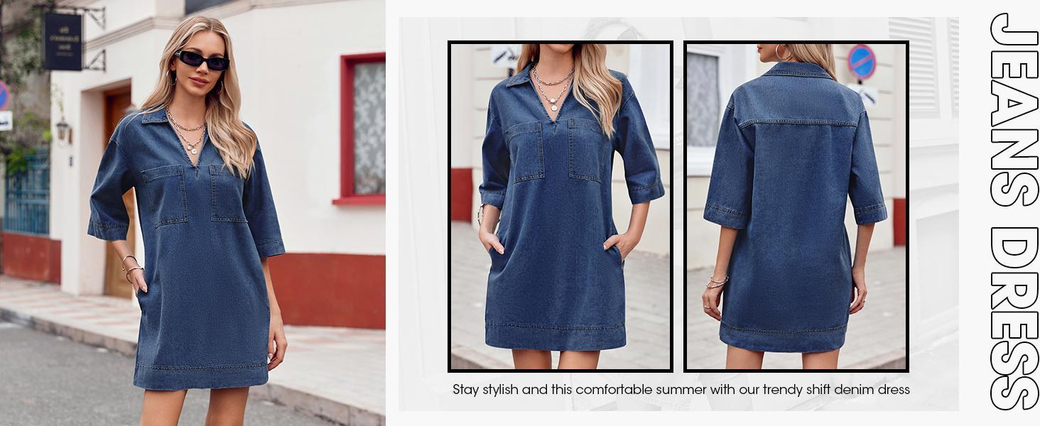 FMEYOA Womens Denim Shirt Dress Summer Collared V Neck Mini Casual Jean Dresses with Pockets