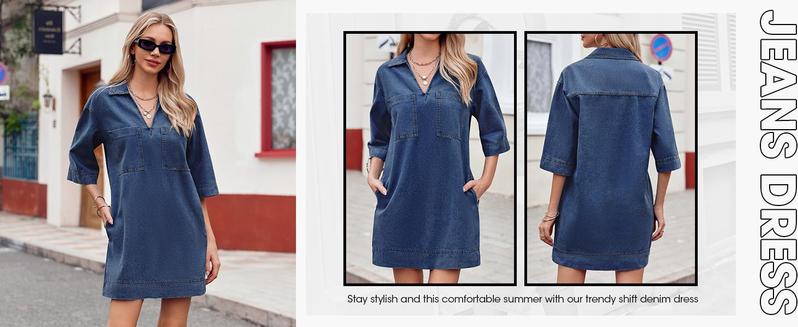 FMEYOA Womens Denim Shirt Dress Summer Collared V Neck Mini Casual Jean Dresses with Pockets