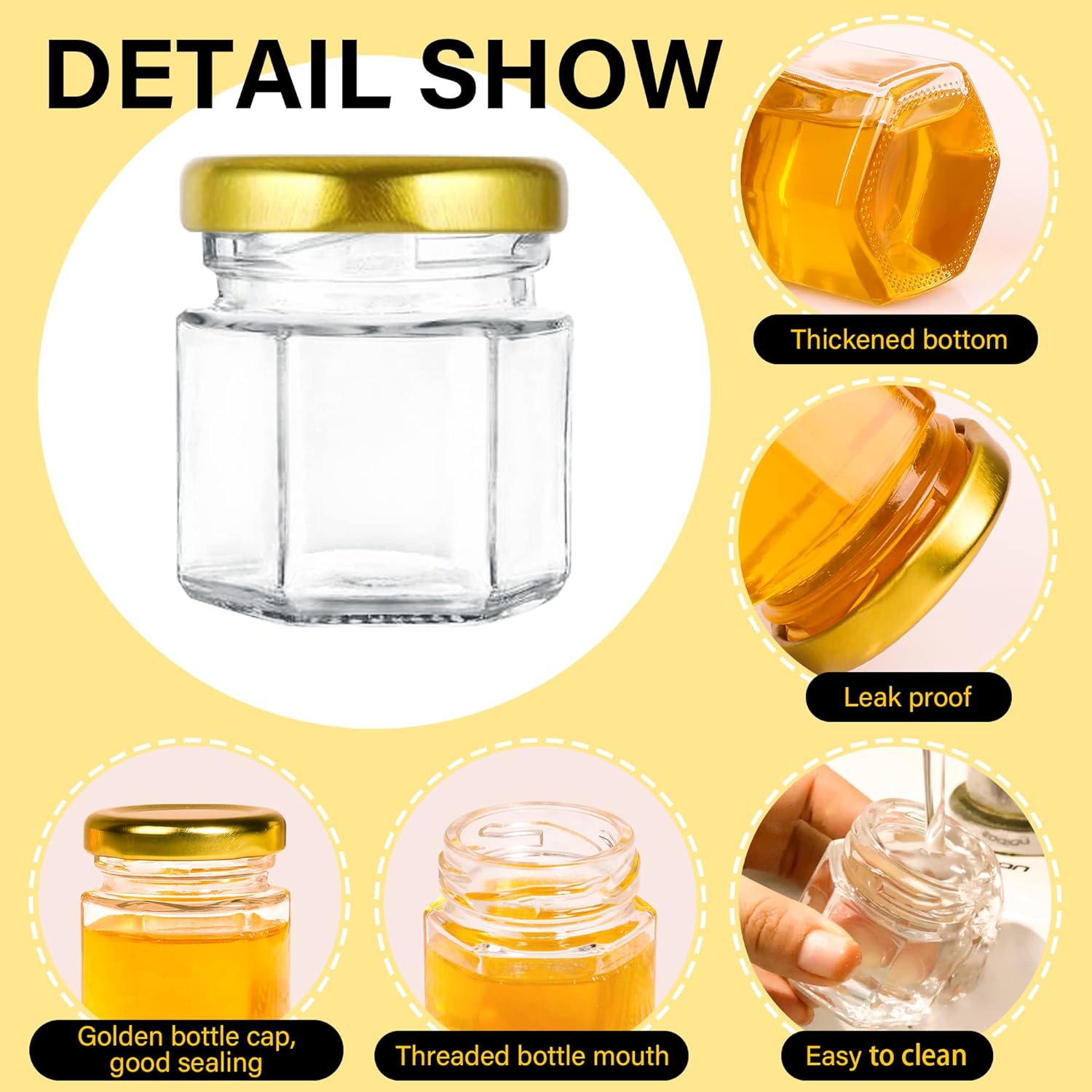 50 Pack Mini Hexagon Glass Honey Jars with Wooden Dippers - Gold Lid, Bee Pendants, Rope & Ribbon Accents - 1.5 oz Adorable Wedding Favors, Party Favors, Dishwasher Safe