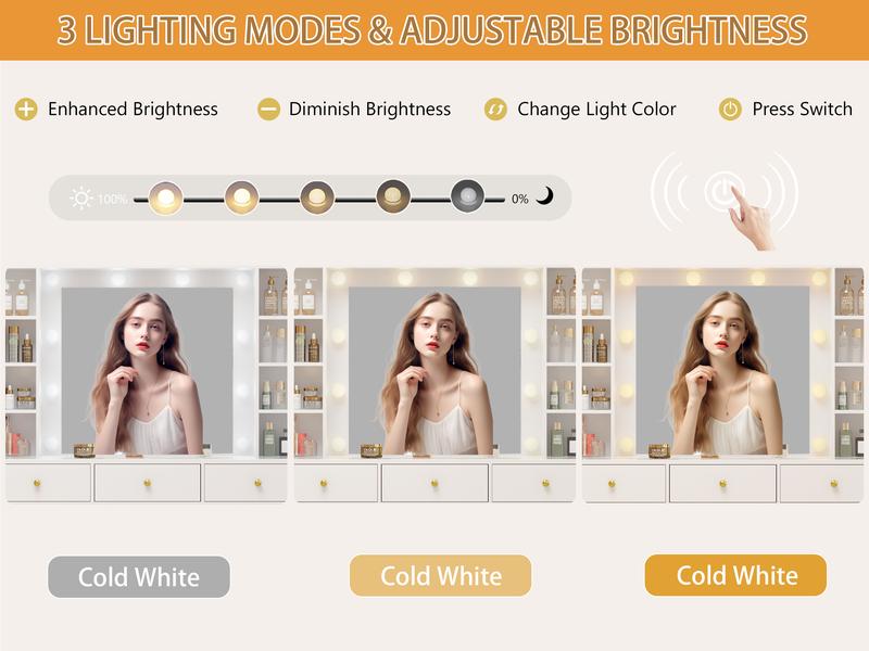 Makeup Vanity Desk with Mirror and Lights, LED Lights & Power Outlet,Modern makeup vanity 3 Drawers & 2 Cabinets, 8 Storage Shelves, Adjustable Lighting, Dressing Table for Bedroom