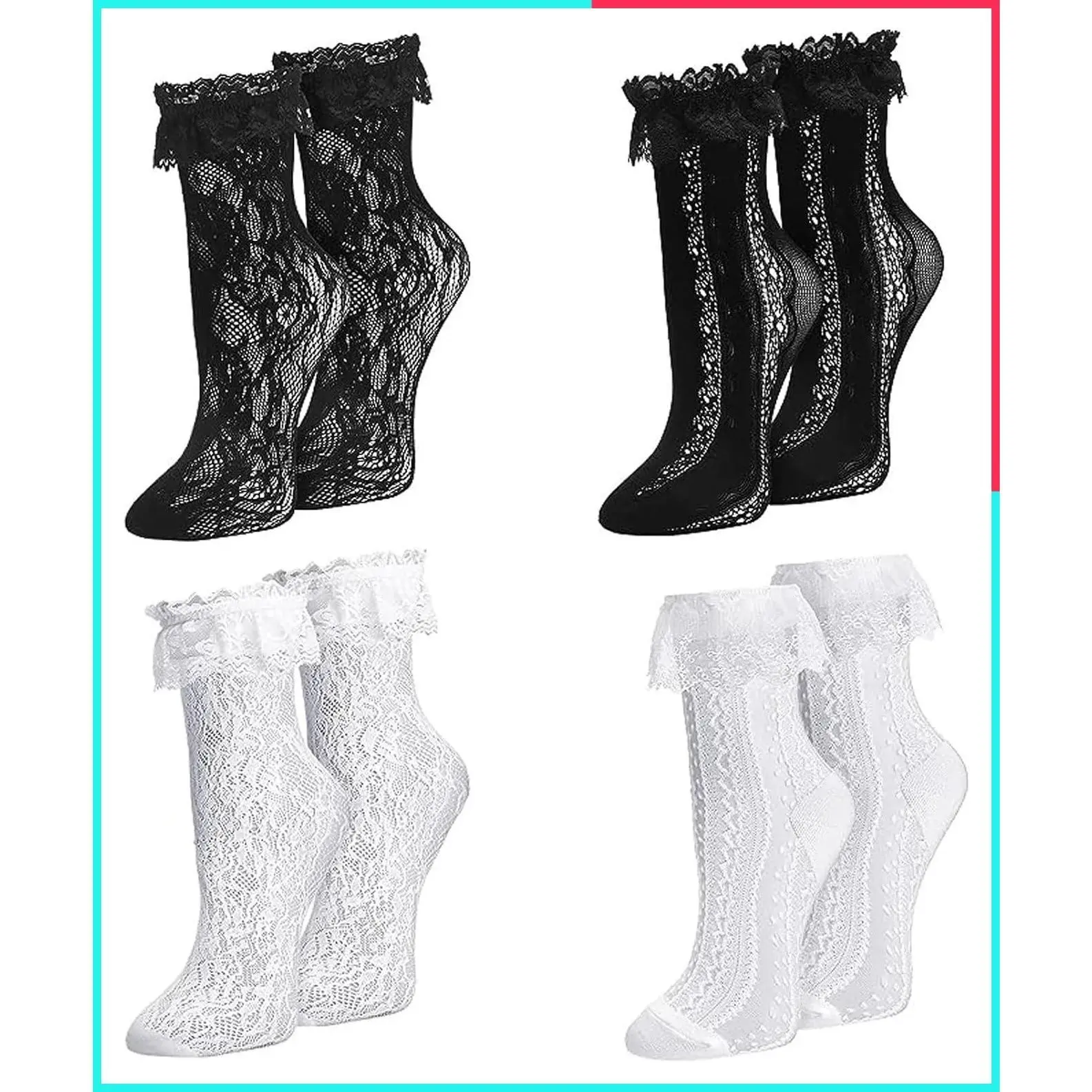 Women's Lace Ruffle Socks White Black Lolita Frilly Crew Ankle Dress Socks Soft Cotton Thin Mesh Trim Cute Sexy 80s Casual Church Socks