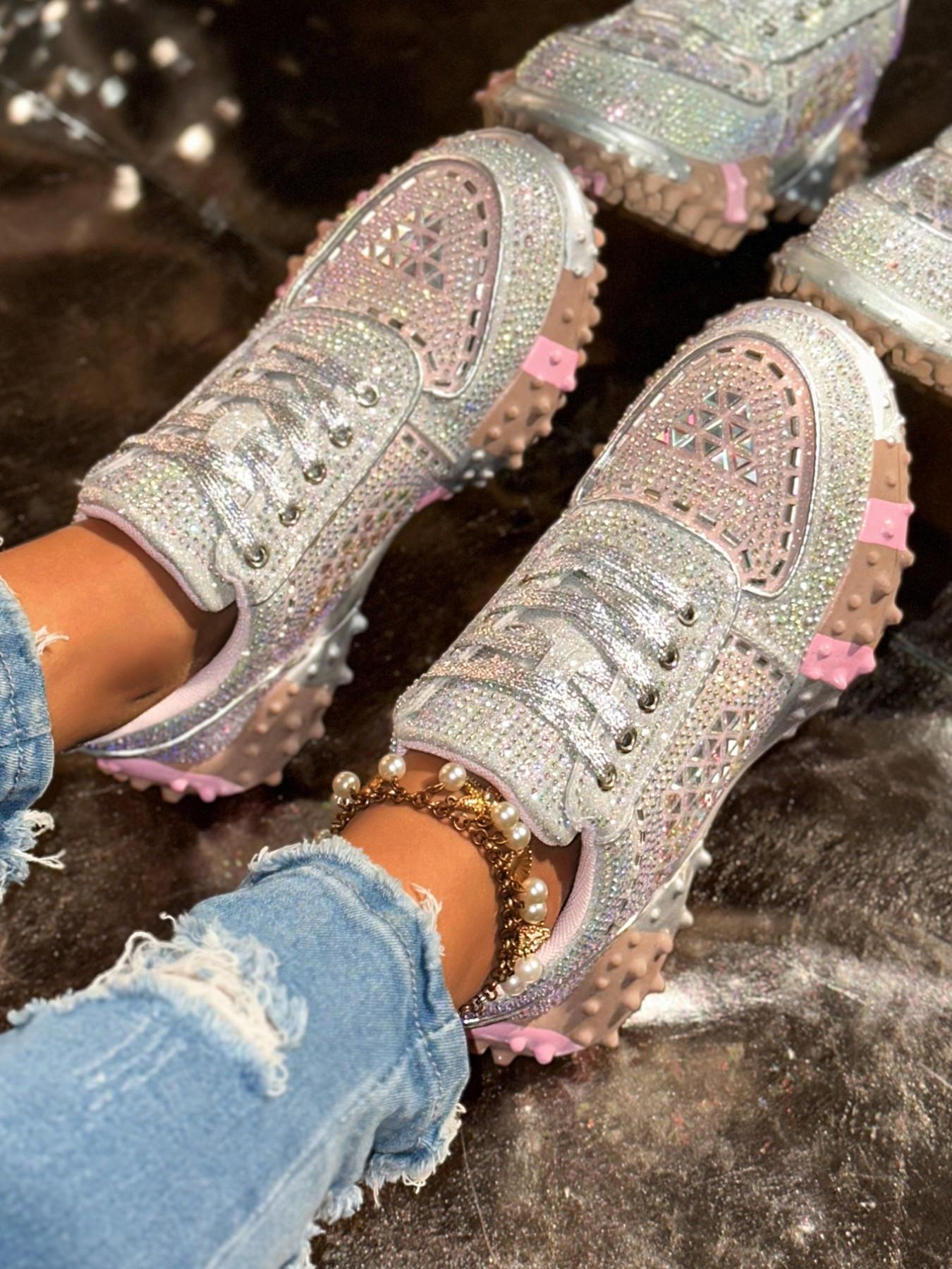Silver Color Gradient Full Rhinestone Shoes, Diamond Cut Water Drills, 3D Flashing Pieces, Disco Reflective Effect, Thick Sole, Sweet Cool Style
