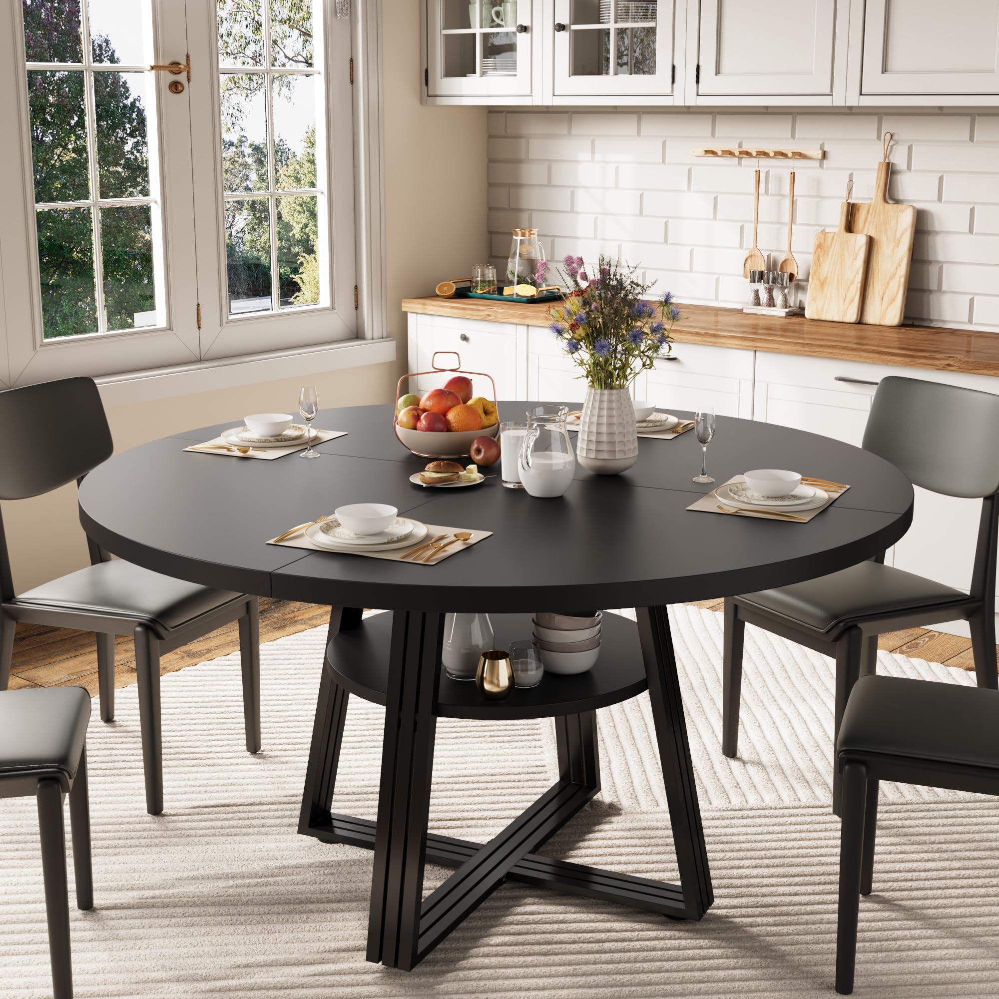 Round Dining Table for 4-6, 42" Kitchen Table with Storage, Circle Dinner Tables for Kitchen, Dining Room, Living Room, Meeting Room, Apartment