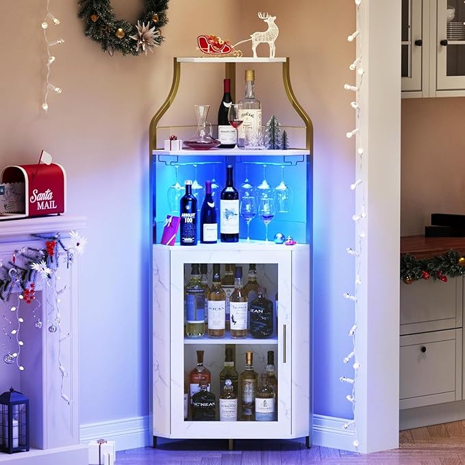 Corner Bar Cabinet with LED Lights, Wine Bar Cabinet with Adjustable Shelf and Glass Holder 5-Tiers Storage Space Corner Liquor Cabinet Industrial Liquor Cabinet for Small Space Corner Bar Cabinet with LED Lights, Wine Bar Cabinet with Adjustable Shelf and Glass Holder 5-Tiers Storage Space Corner Liquor Cabinet Industrial Liquor Cabinet for Small Space