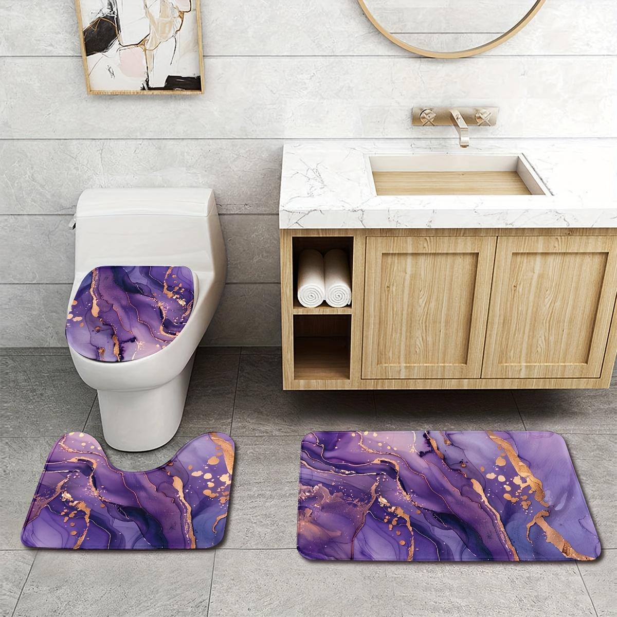 3pcs Purple Marble & Golden Flannel Bathroom Mat Set - Non-Slip, Soft, 100% Polyester, Modern Design - Includes U-Shaped Toilet Mat, Toilet Lid Cover & Rectangular Rug - Stylish Home Decor Accessories, Bathroom Deco