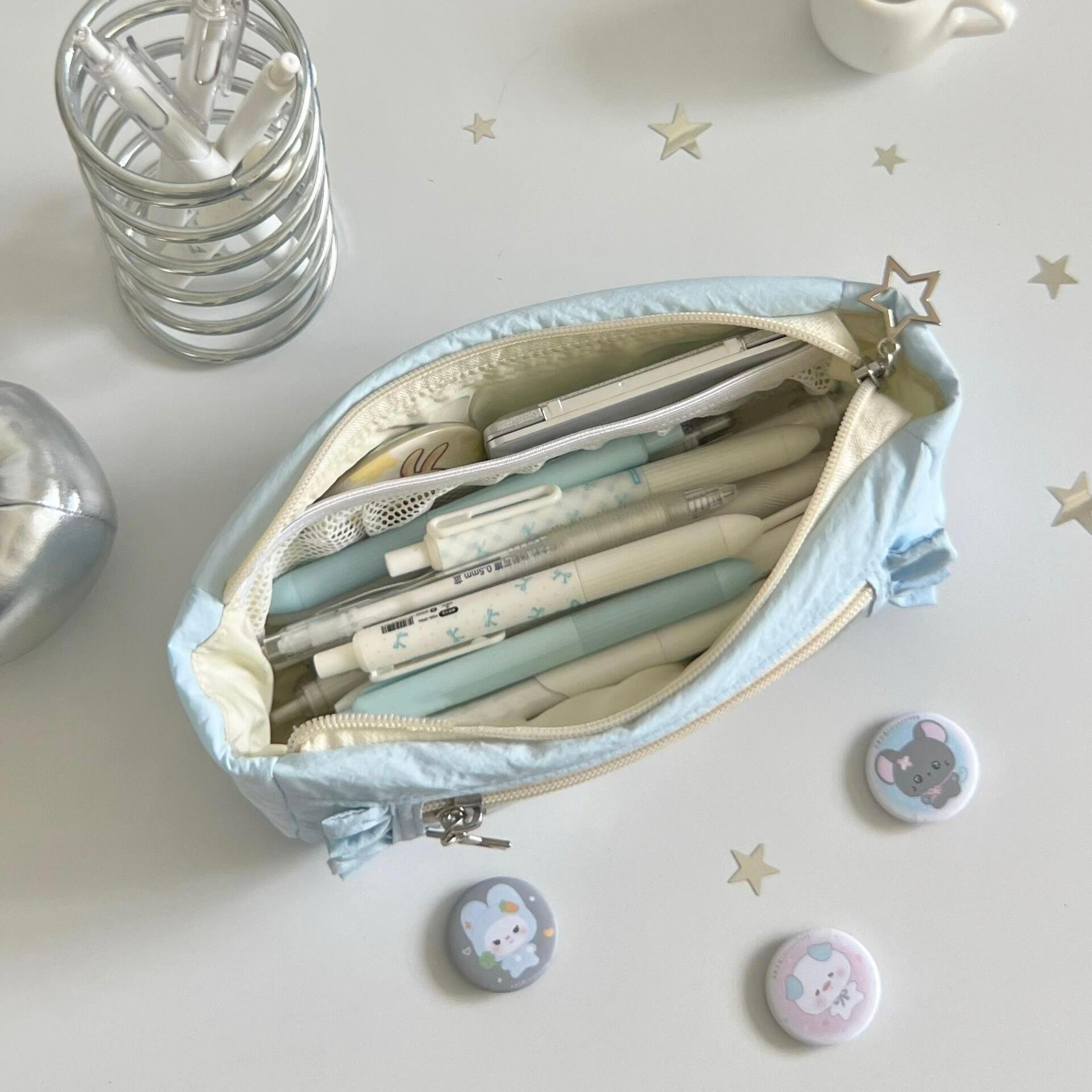 Back To School Kawaii Pastel Plaid Ruffle Pencil Case with Cute Star Charm, Aesthetic Double Zipper Stationery Pouch with Clear Window, Large Capacity Pen Organizer for School Supplies Desk Storage Daily Travel Essentials